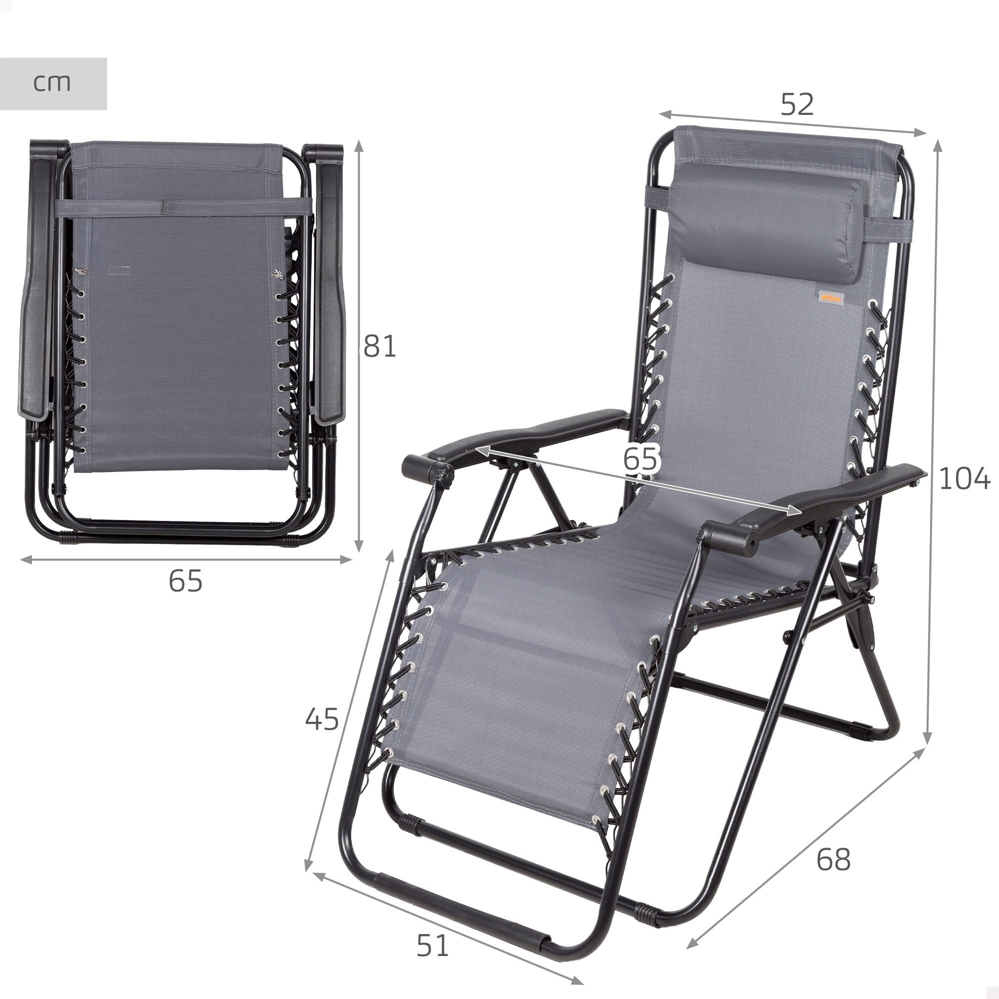AKTIVE Tumbona jardín plegable, Color gris, 52x68x104 cm, Gravedad cero, Estructura acero, Tejido textileno, Soporta 110 kg, Antivuelco, Cojín acolchado, Hamaca terraza exterior (61166)