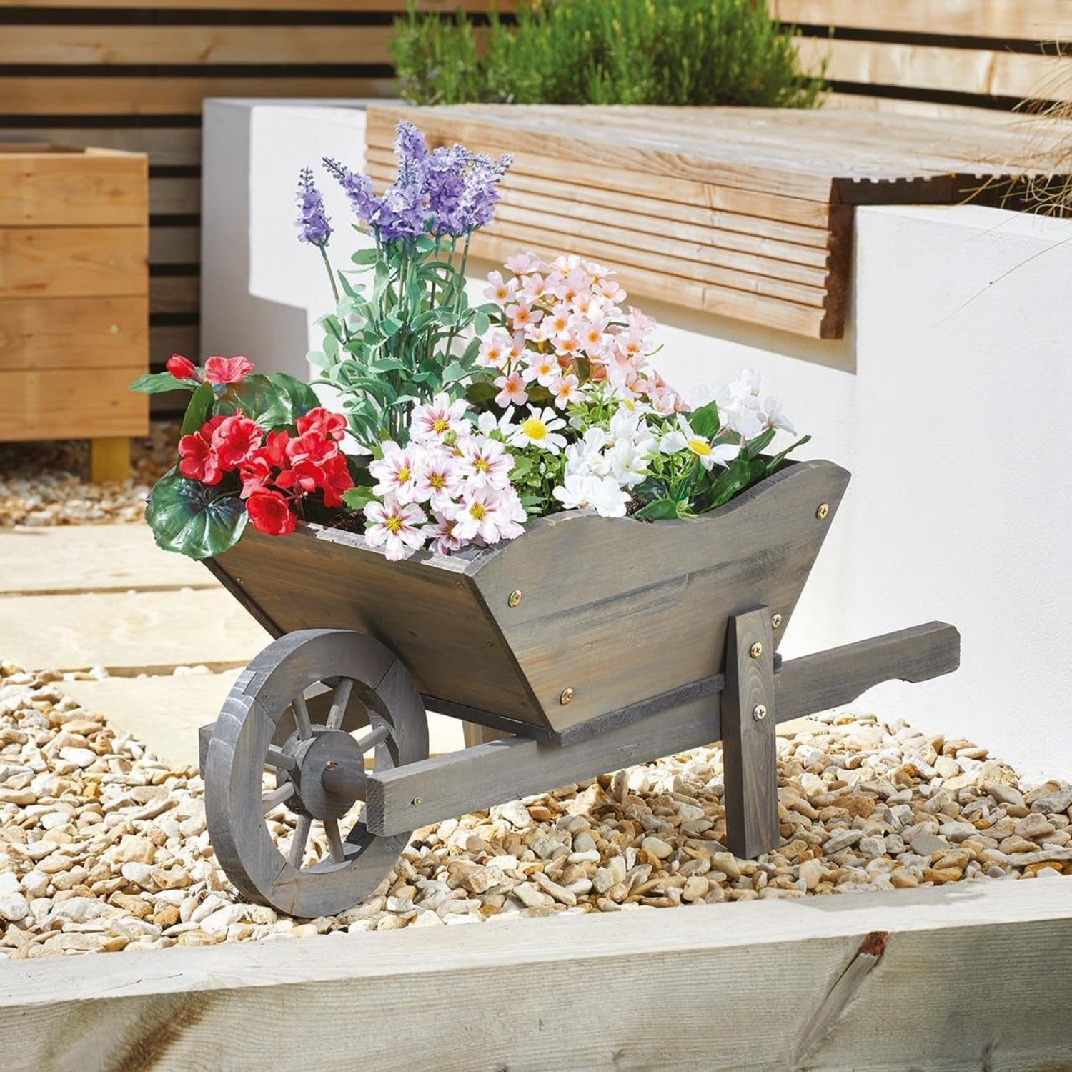 Garden Mile Grey Woodland Wheelbarrow Planter Garden Ornament Outdoor Decoration Planting Pot Patio Decor Ornamental Heavy Duty Decorative Planter Suitable for Plants and Flowers