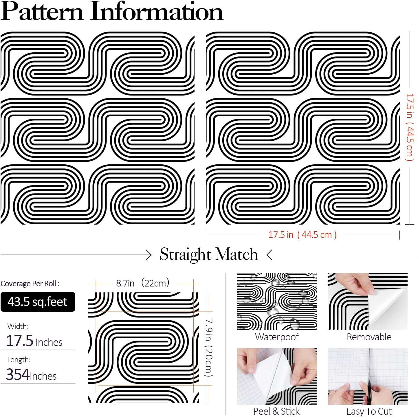 FunStick 17.5"x354" Black and White Geometric Peel and Stick Wallpaper Abstract Accent Wall Paper Renter Friendly Wallpaper Kitchen Cabinet Contact Paper White Self Adhesive Vinyl Wallpapers for Walls