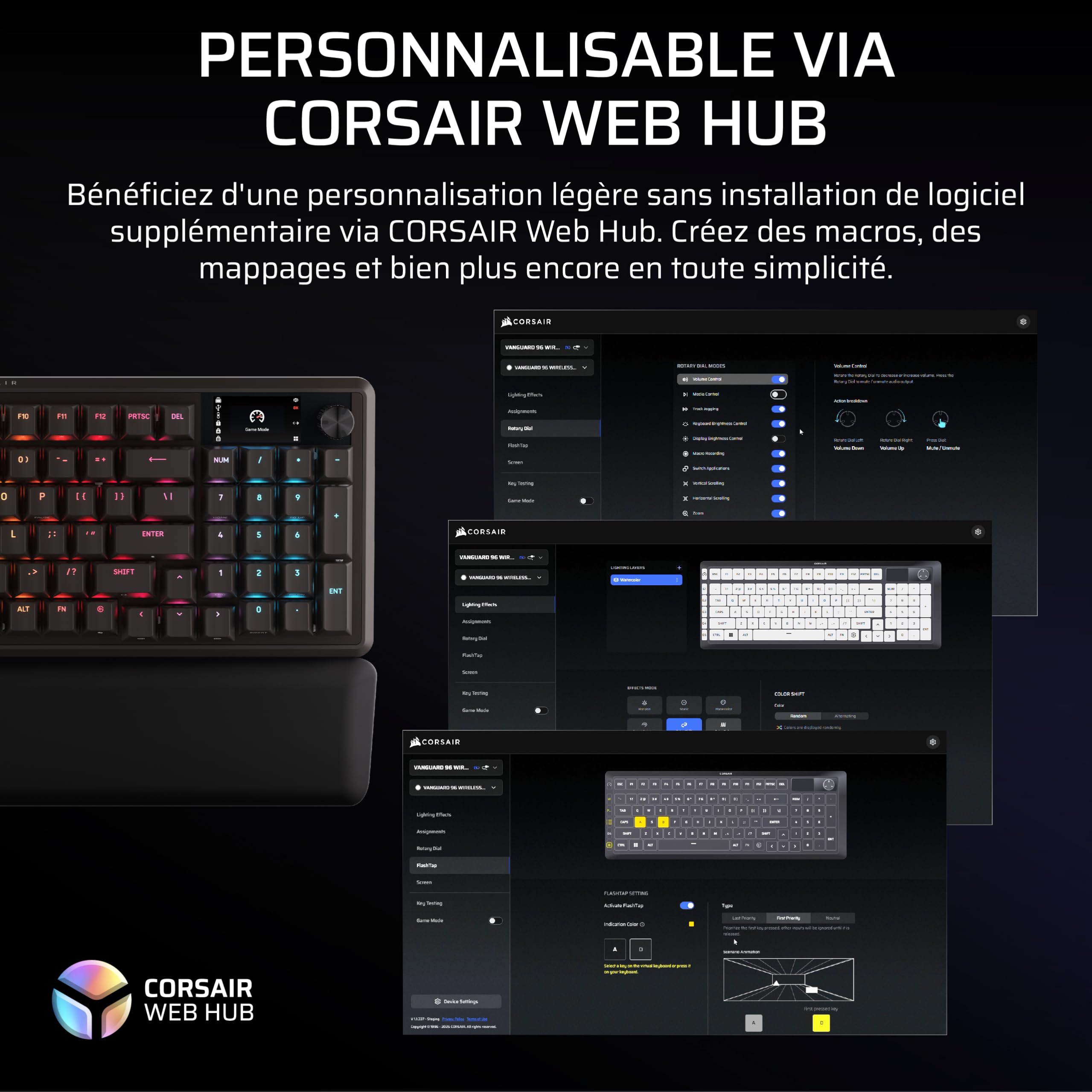 Corsair Vanguard 96 sans Fil Hall Effect Clavier de Jeu (AZERTY FR) – Noir | Magnétique Mécanique, 96%, MLX Plasma Commutateurs, Interrogation 8 000 Hz, Rapid Trigger, Stream Deck Virtuel, SOCD Flashtap