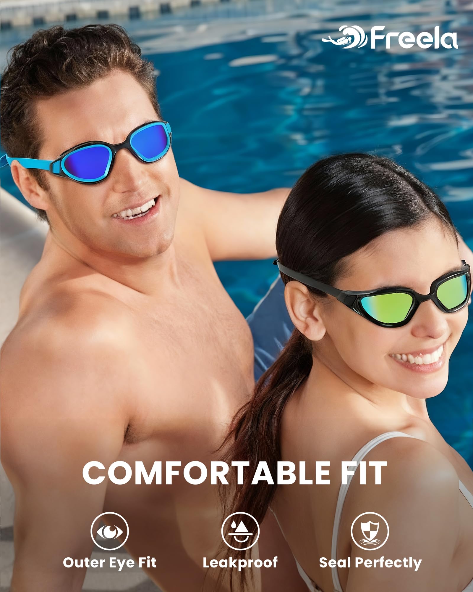 Freela Confezione da 2 occhialini da nuoto polarizzati, unisex, per adulti, protezione UV400, anti appannamento, ampia visione chiara a 180°, per uomini, donne e giovani