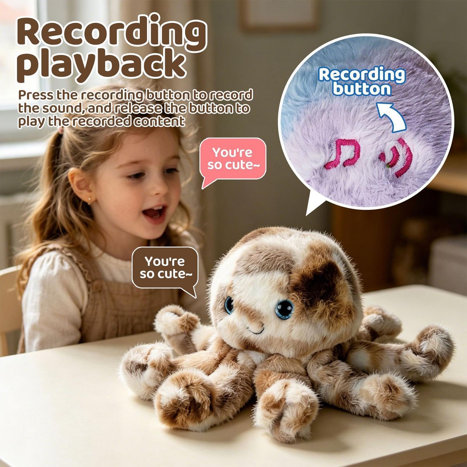 Krabbelspielzeug Kuschelweiches Plüschtier, Interaktiv | Krabbelnde Krake Musikspielzeug Aufnahme Für Innenbereiche, Kindergarten, Zuhause, Schlafzimmer, Urlaubszeit, und Mädchen