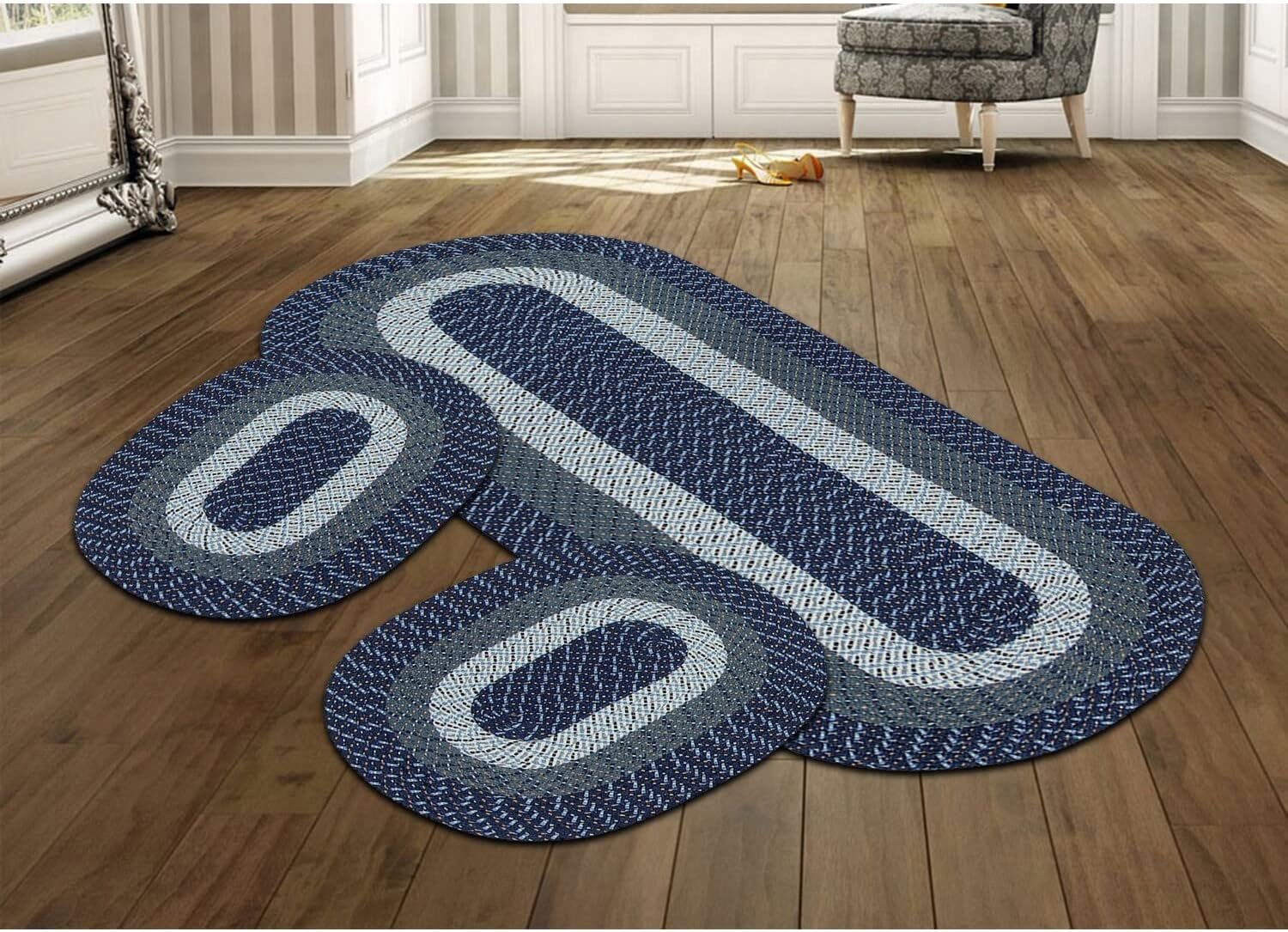 Country Braid Collection 3 Piece Set Durable & Stain Resistant Reversible Indoor Oval Area Rug 100% Polypropylene in Vibrant Colors, 20"x30"/20"x30"/24"x72", Dark Blue Stripe