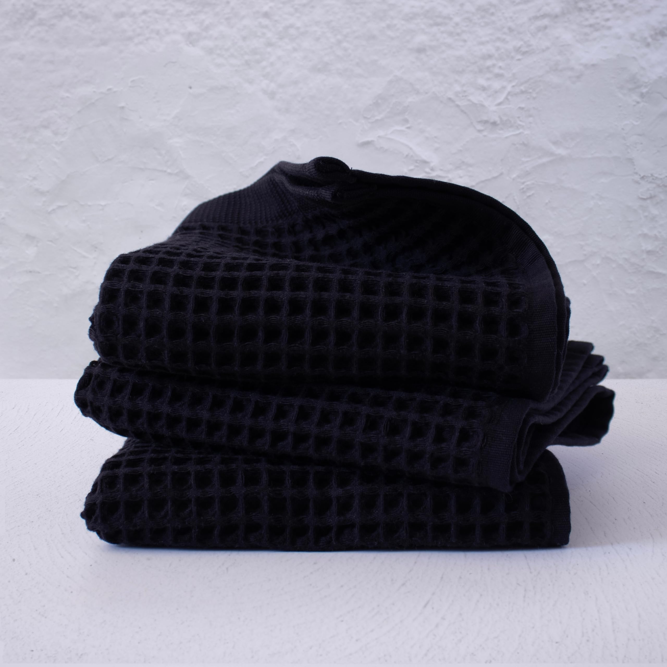 PÜSKÜL - Set of 3 Organic Waffle Hand Towel Black - Premium Quality, 100% Turkish Cotton, Soft, Quick-Dry, Absorbent, Lint-Free Face Kitchen Hand