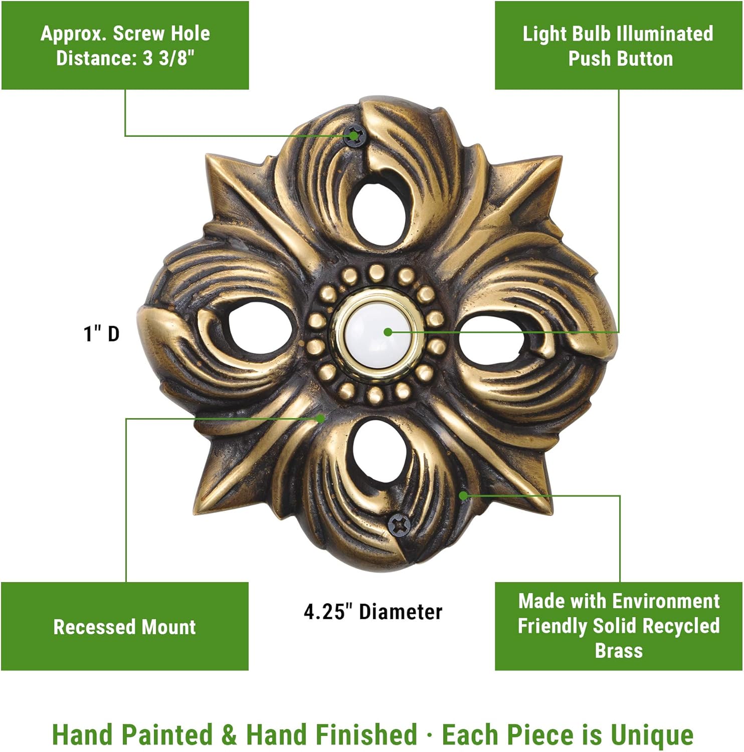 Waterwood Solid Brass Avalon Doorbell in Antique Finish - Wired & Illuminated Push Button from Environmentally Friendly Recycled Material