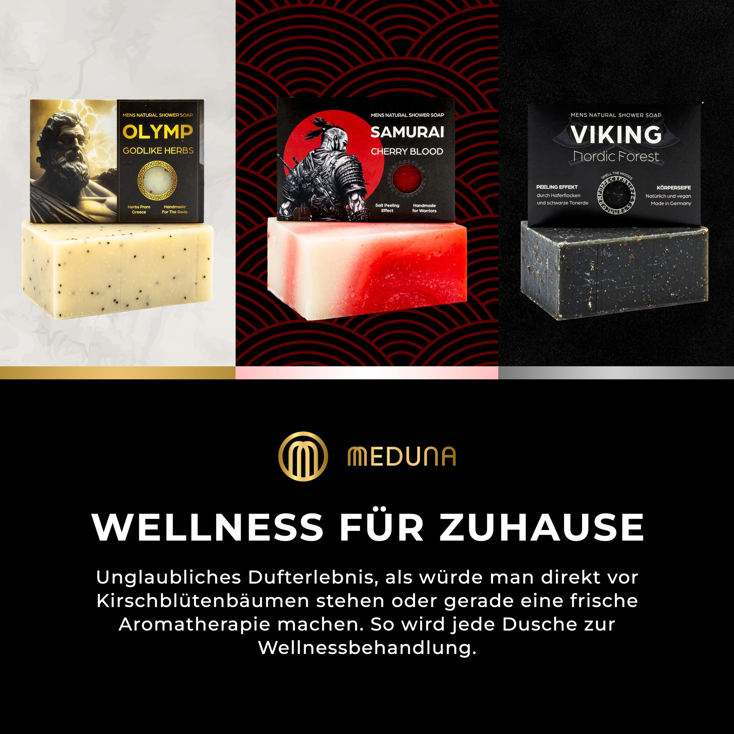 MEDUNA Mega mydło, zestaw 3 x 100 g mocnego mydła naturalnego + mocny szampon + przechowywanie - mydło do pielęgnacji - mydło do ciała do wszystkich rodzajów skóry - prezent dla mężczyzn - Made in