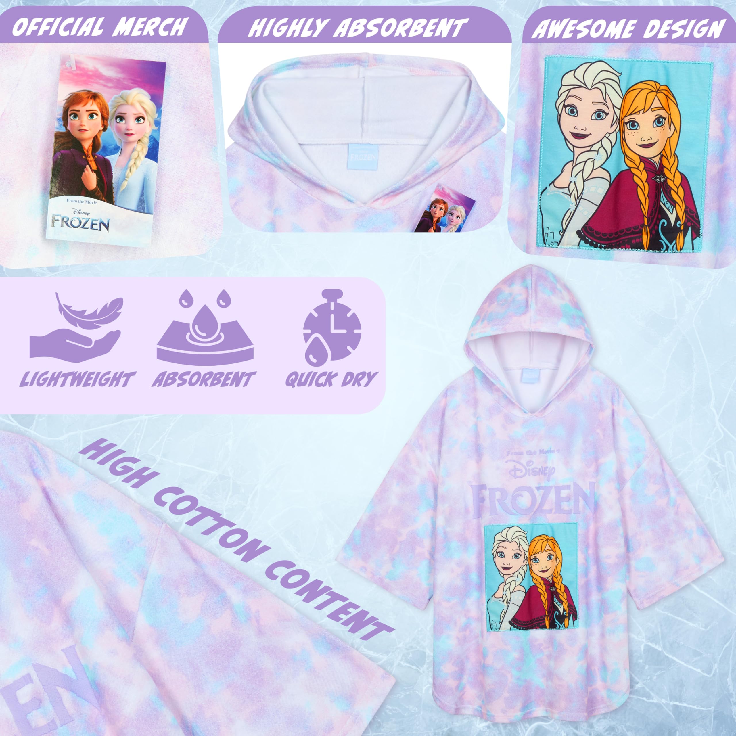 Disney Stitch Bath Towel with Hood for Kids & Teenagers Absorbent Changing Robe Poncho Towel for Swimming Bath Shower Beach Towel Holiday Essentials (Purple/Blue Frozen - Image 4