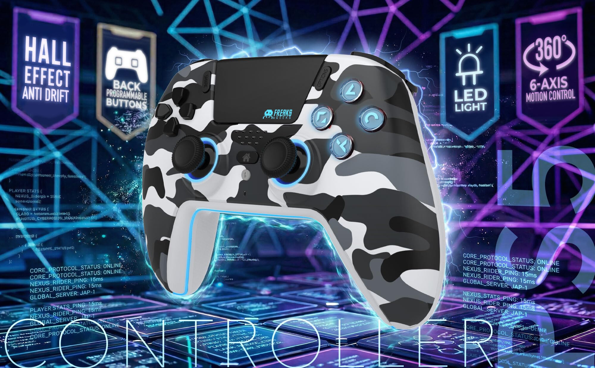 Freaks and Geeks-Manette Bluetooth pour PS5 LED Hall Effect - White Camo