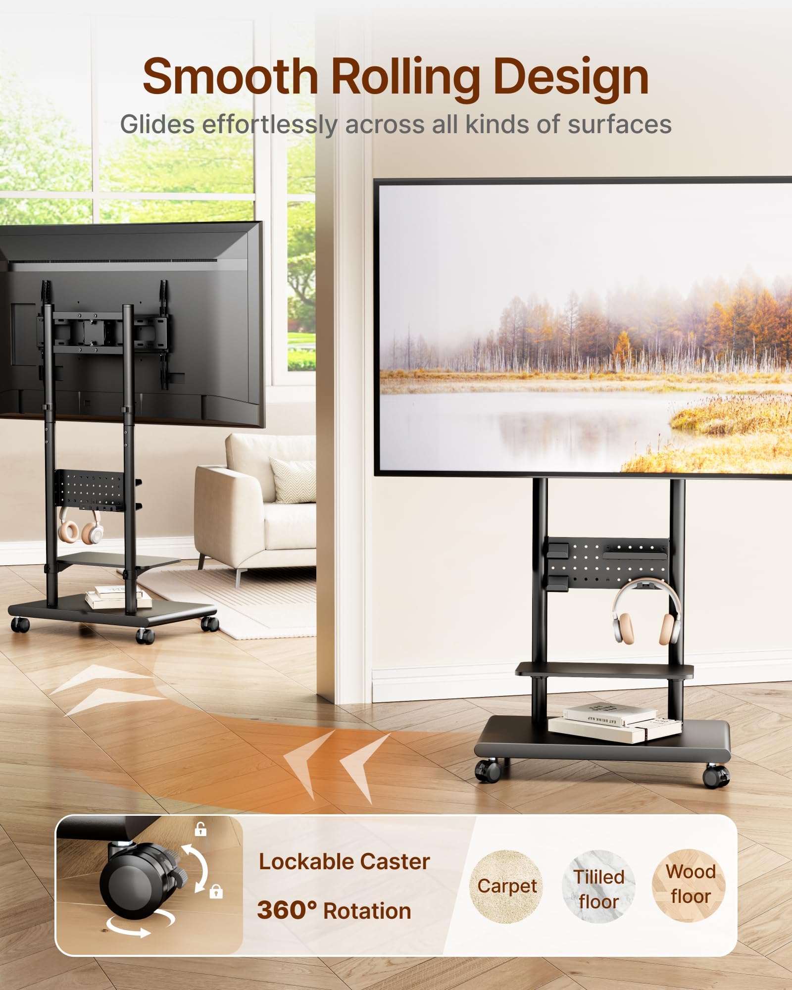 Mobile TV Stand on Wheels for 37-75 inch TVs up to 70kg, Swivel Mobile TV Cart with Shelf & Pegboard, Height Adjustable Rolling TV Trolley with Steel Base, TV Floor Stand Max VESA 600x400mm — view 2