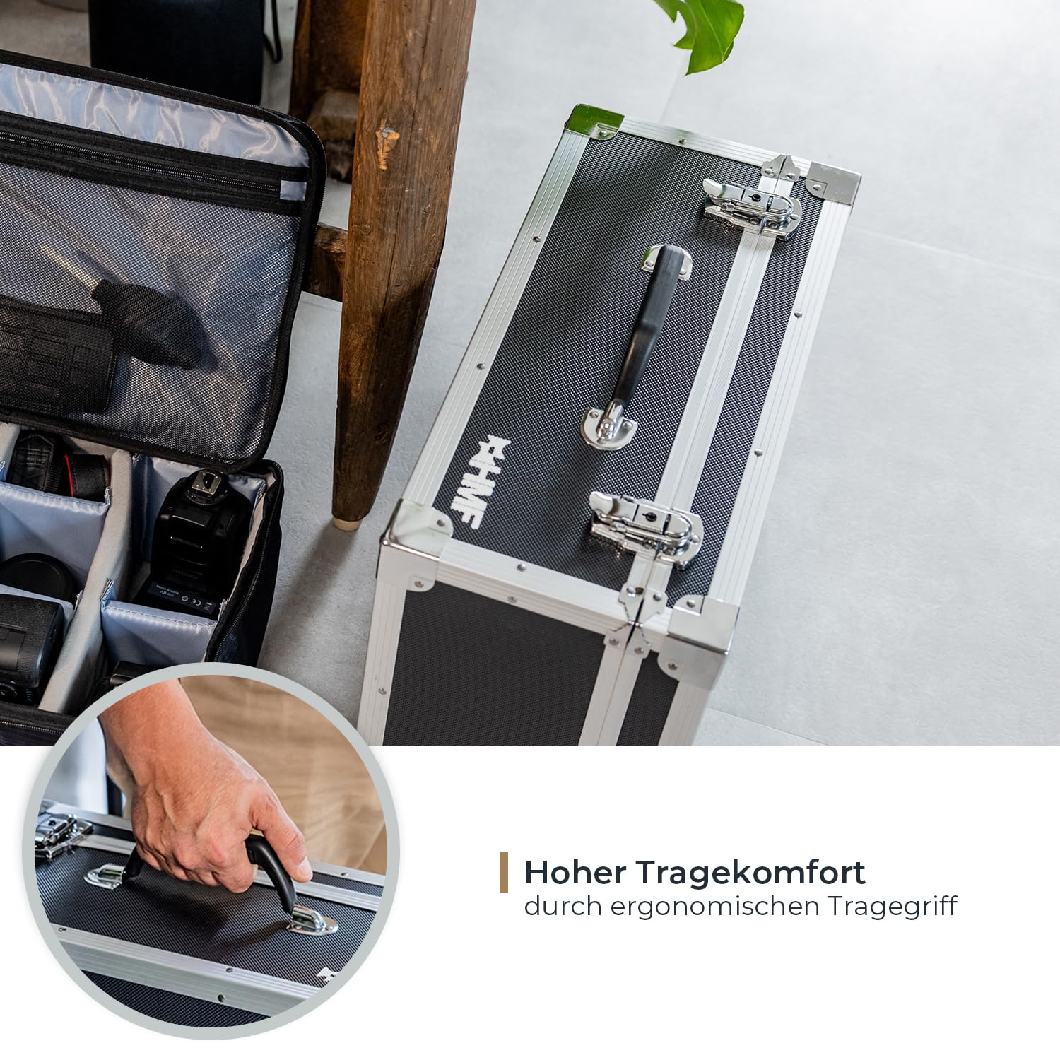 HMF Fotokoffer mit Schaumstoff, gepolsterter Transportkoffer mit Aluminiumrahmen für DSLR/Spiegelreflex & Fotozubehör | 48 x 32 x 22,5 cm | Schwarz