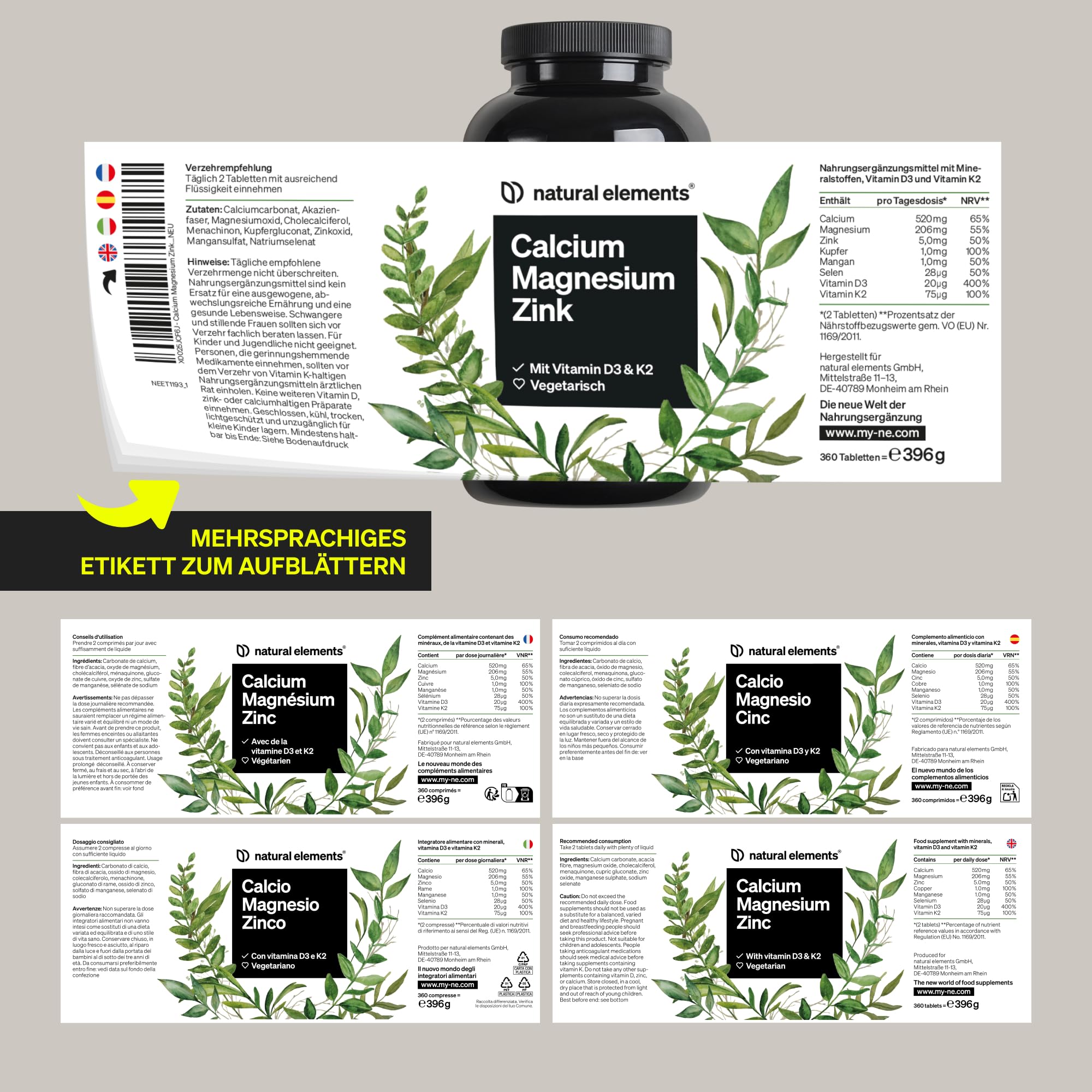 natural elements Calcium Magnesium Zink – 360 Tabletten – 520mg Calcium pro Tagesdosis – Komplex mit Vitamin D3 & K2 – optimal dosiert, ohne unnötige Zusätze – laborgeprüfte Qualität