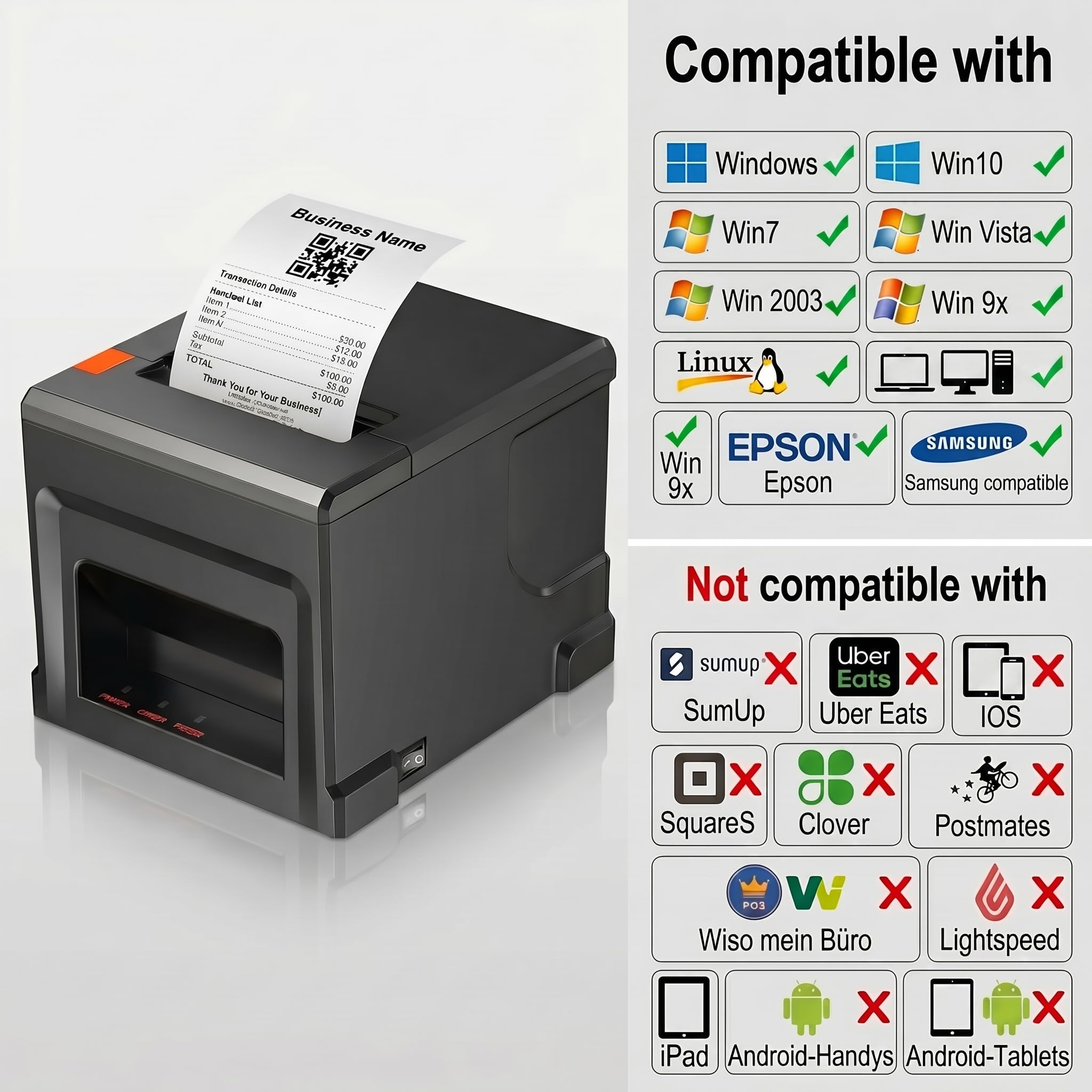 80mm POS Quittungsdrucker mit Auto-Cutter, 300mm/s USB Thermo Bondrucker, für Restaurant & Küche mit Lautsprecher-Signal, ESC/POS kompatibel (Windows/Mac/Linux)