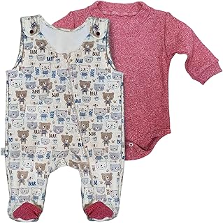 طقم سالوبيتات مكون من سالوبيت بكباسين بدون أكمام وسالوبيت بكباسين بأكمام طويلة بطباعة دب للبنات من بيبي شورا - متعدد الألوان - مقاس 3 - 6 شهور - قطعتين