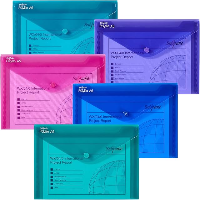 Snopake A5 Polyfile Popper Wallet with Press Stud Closure  Electra Assorted [Pack of 5] Ref: 11355