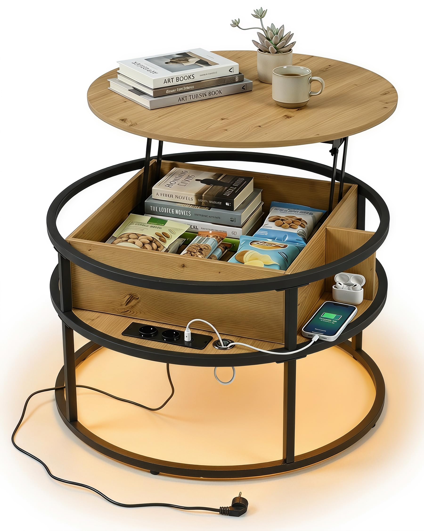 Table Basse Relevable avec Rangement Caché, Table Basse Ronde Salon 80 x 80 x 48cm, Table de Salon Moderne avec Prise USB Type C et Éclairage LED, Coffee Table, Forte Charge Portante