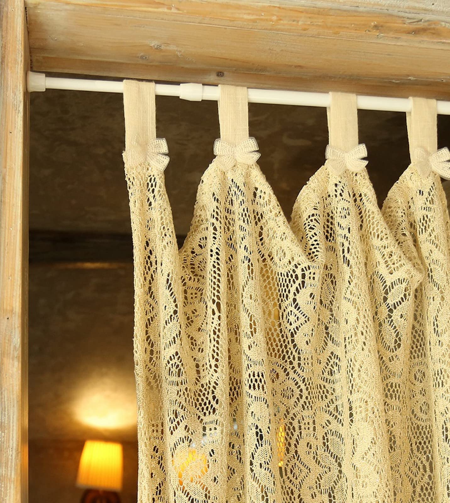 A.Monamour Kurzgardine – Beige Voile Mit Spitzenstickerei, 70x116 Cm, Für Küche & Bistro
