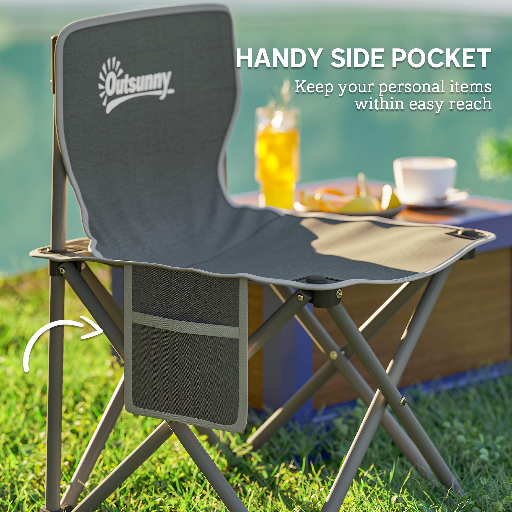 Outsunny Tavolo da campeggio con 4 sedie pieghevoli, set di tavolo e sedie da campeggio da 5 pezzi con tasche laterali e borse per il trasporto, 55 x 51 x 50 cm, grigio scuro