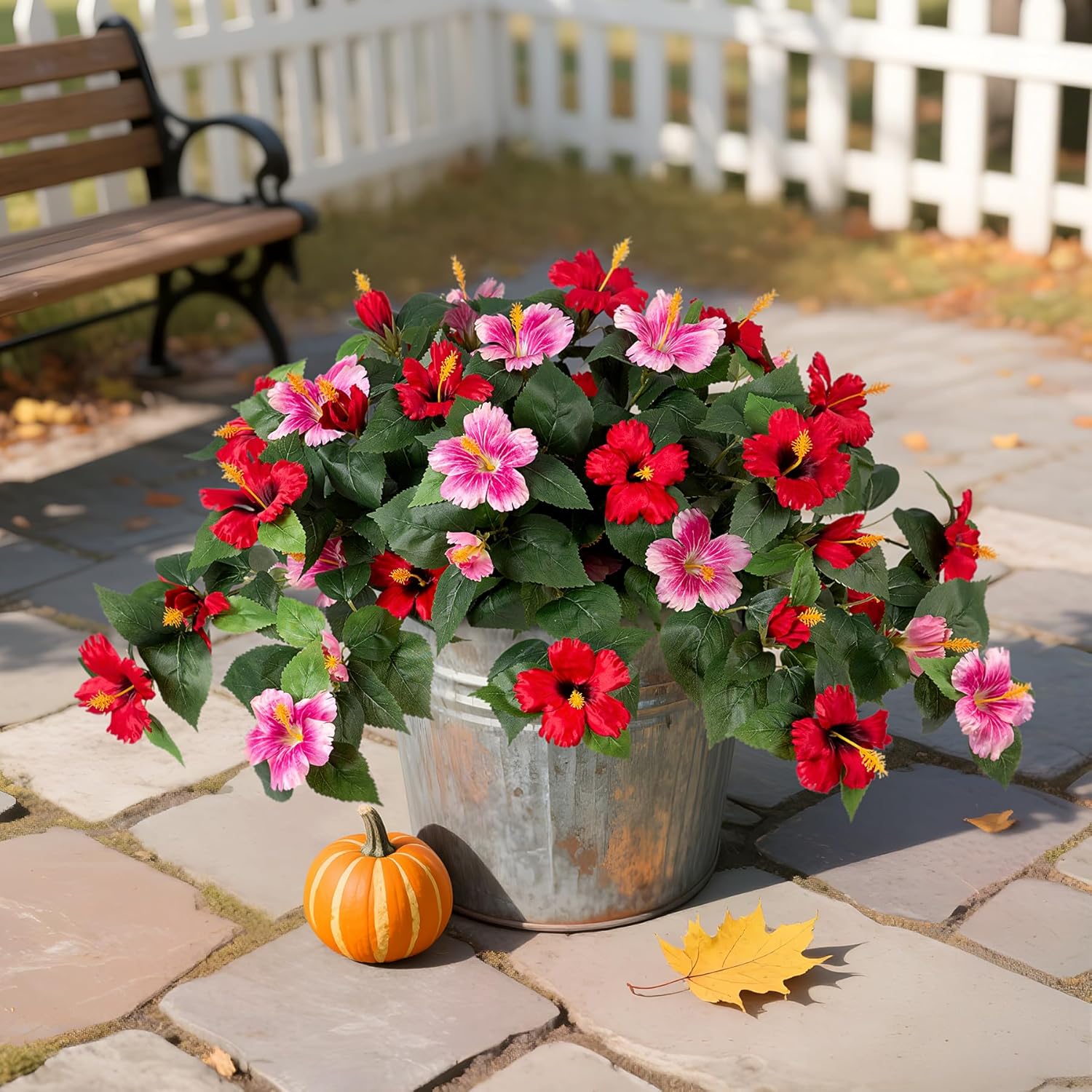Hrobek Artificial Fake Flowers for Outdoors Decoration, 2PCS Faux Hibiscus Flowers for Outside Planters，Realistic Silk Plants with UV Resistant No Fade for Home Porch Garden Balcony Yard Decor
