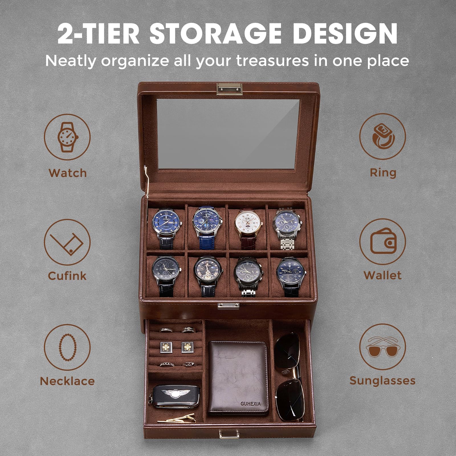 Portagioie per Uomo, Scatola Organizer con cassetto, teca espositiva con Coperchio in Vetro - Marrone, 8 Scomparti