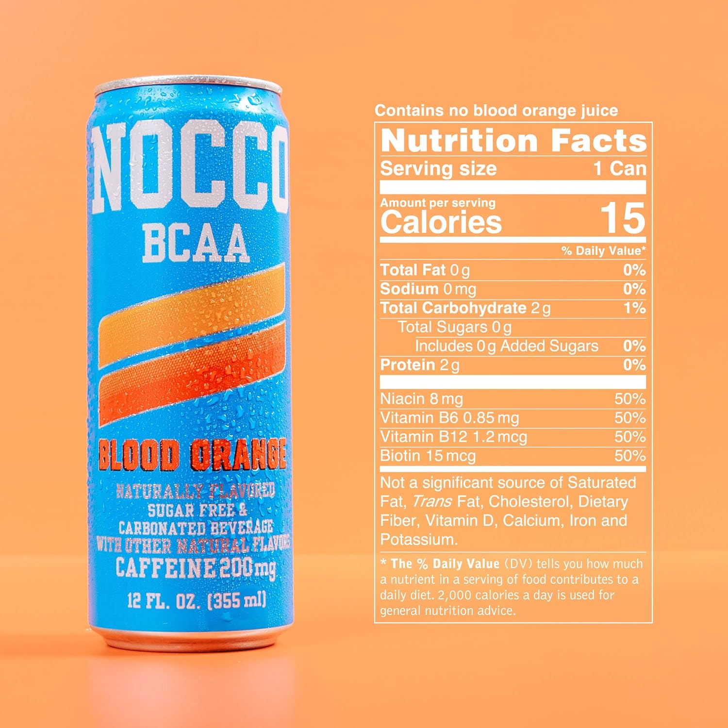 NOCCO Zero Sugar Energy Drink, Blood Orange - 12 Fl Oz (Pack of 12) - 180mg Caffeine, Sugar Free, BCAAs - Branched Chain Amino Acids, Carbonated & Low Cal, B Vitamins, Grab & Go Performance Beverage