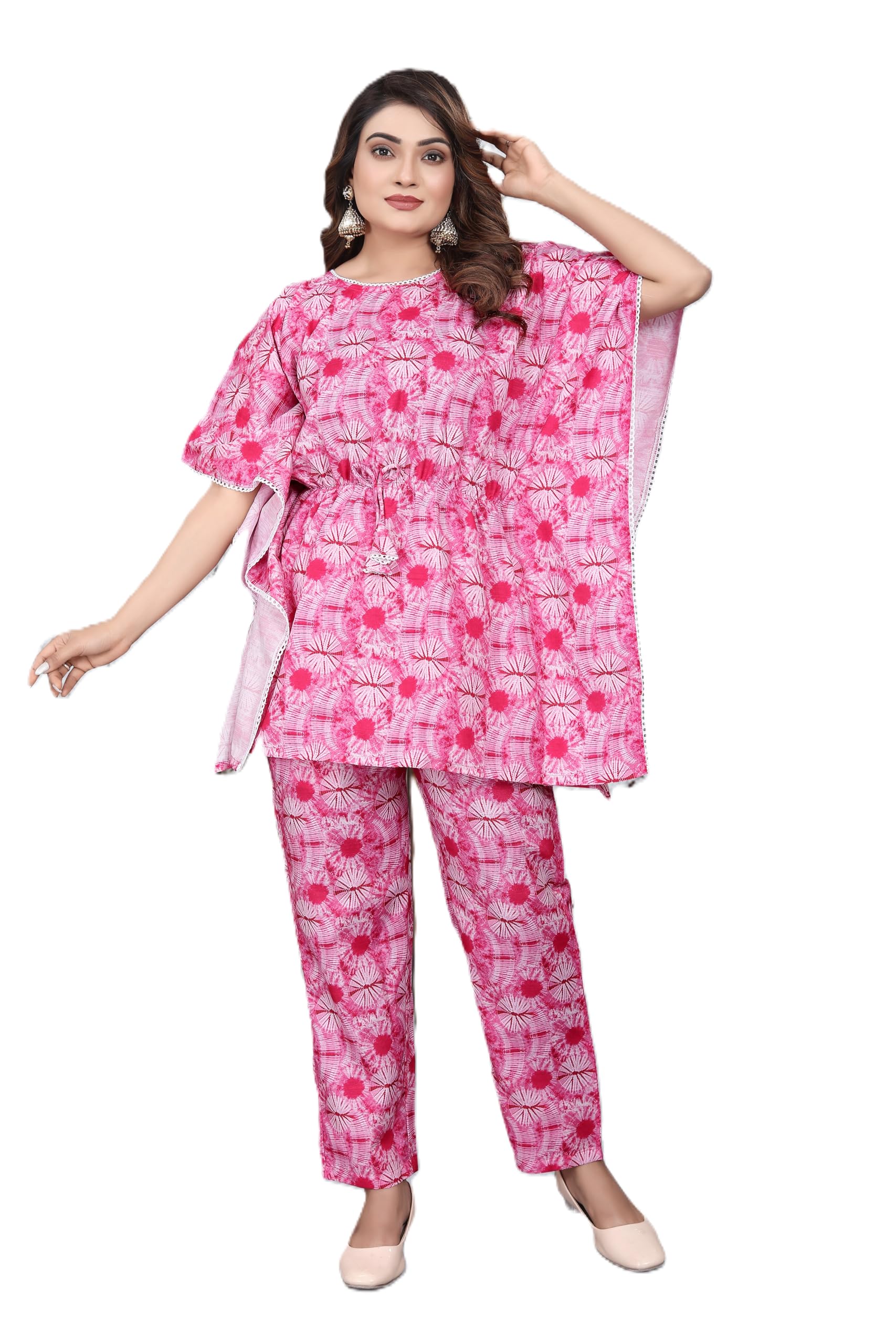 Women’s Cotton Printed Night Suit Set | 2-Piece Co-Ord Pyjama Set | Short Kaftan Top & Pant Nightwear | Comfortable Lounge Wear for Women-image-28