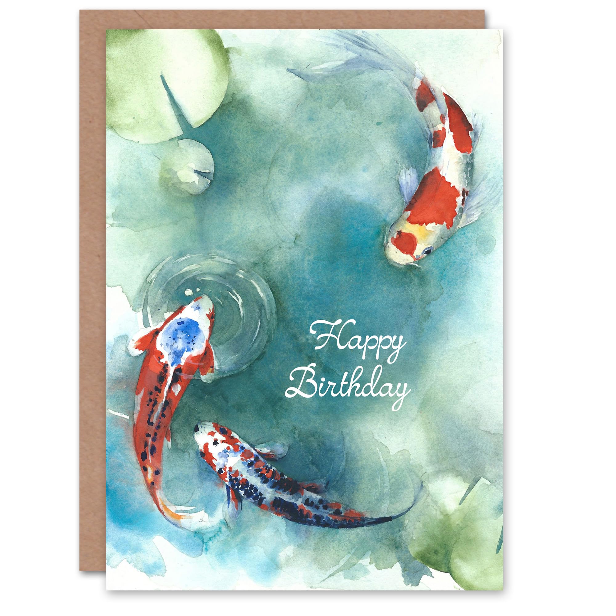 Artery8 Happy Birthday Japanese Koi Fish and Lily Pads Birthday Card