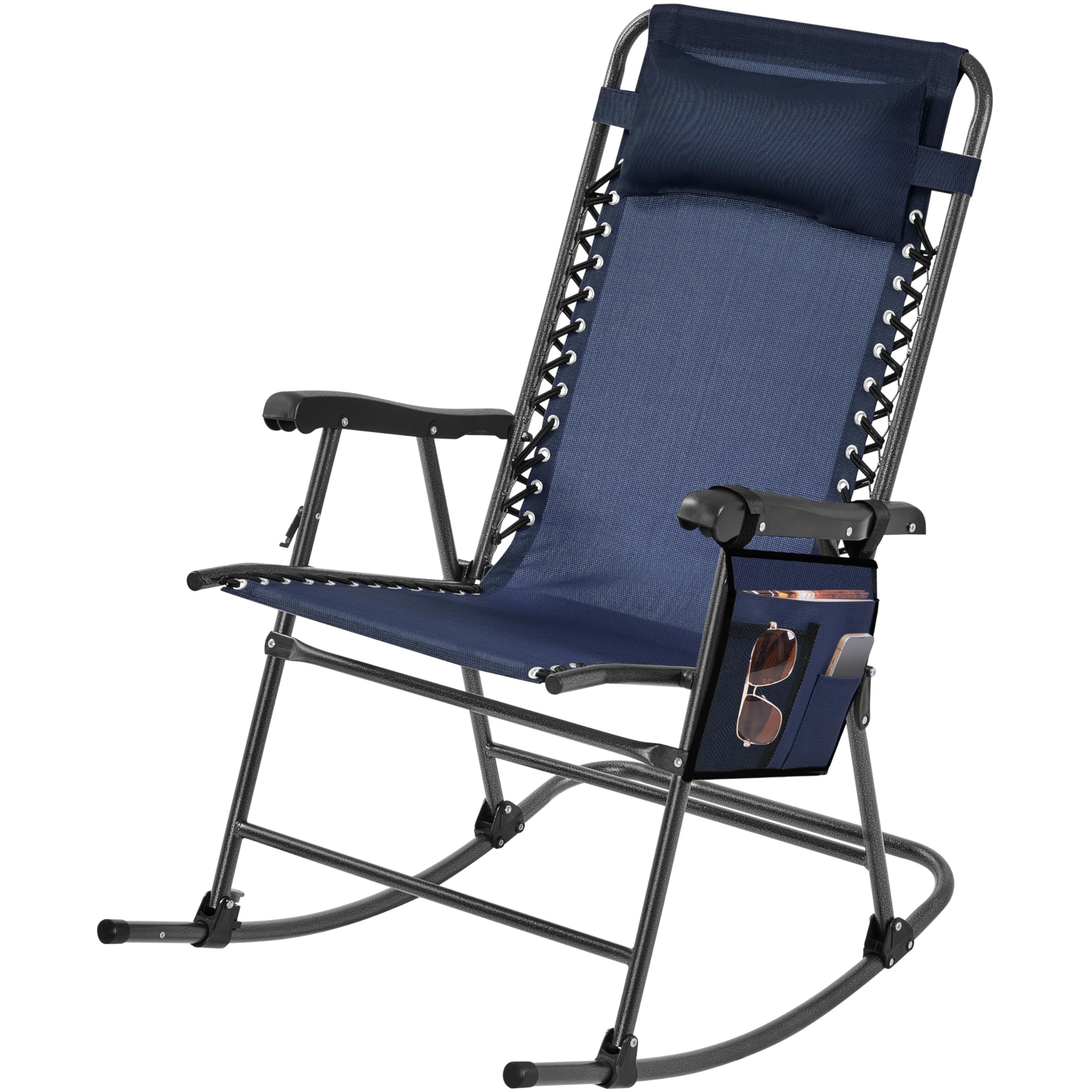 Abician Fauteuil à Bascule Pliable Rocking-Chair Portable avec Rangement et Coussin pour L'extérieur Jardin Patio Terrasse Camping Bleu