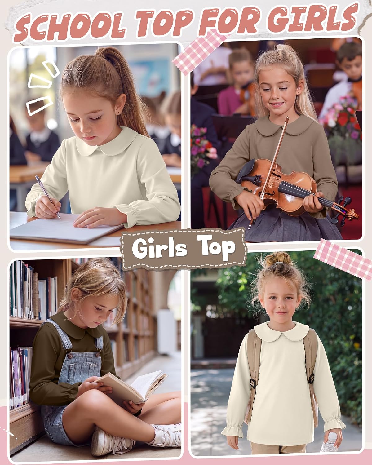 3 Pack Girls Collar Polo Shirts Long Sleeve Tops