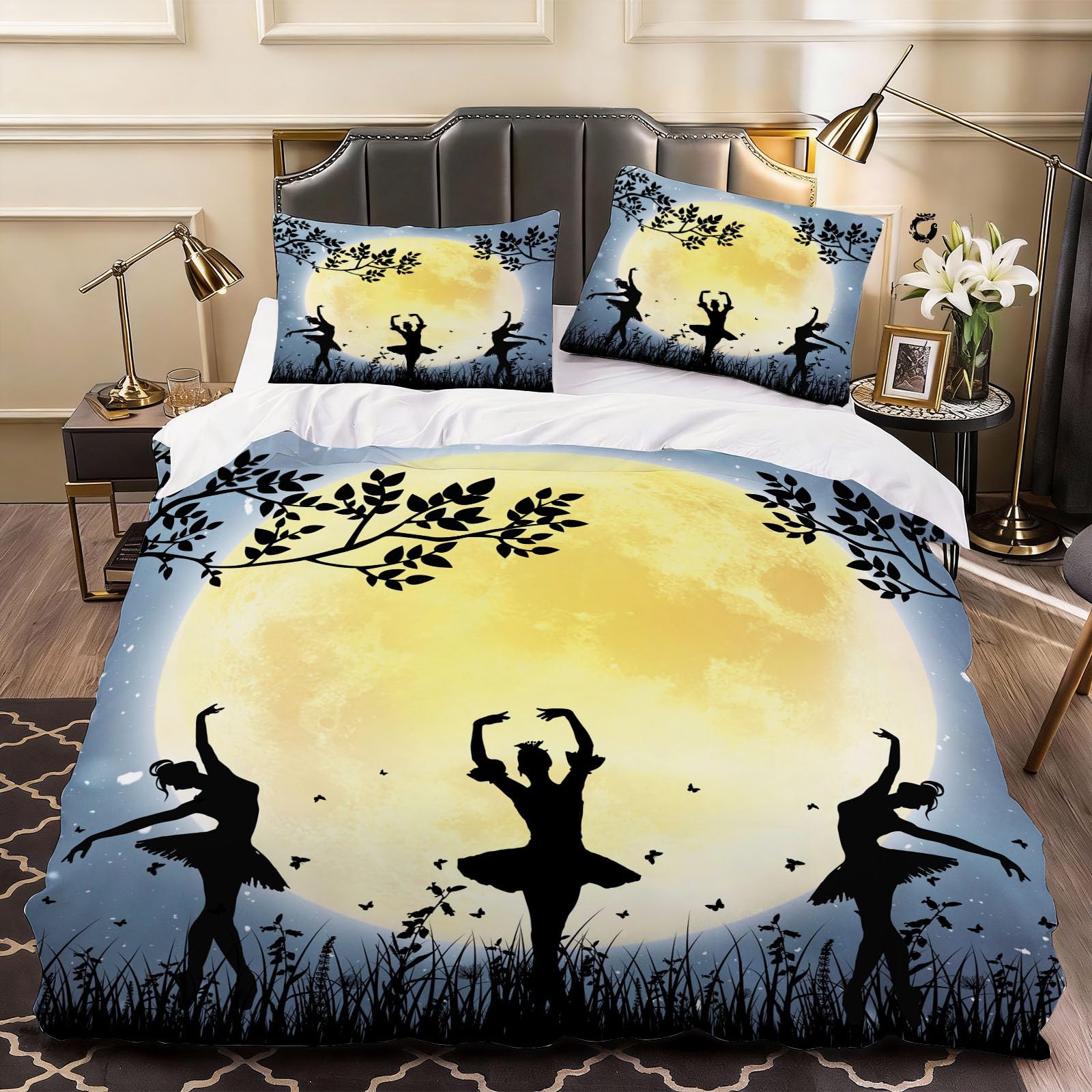 3D Ballet Duvet Cover Girls Dancing Bedding Double Bed Set, Soft Microfiber Comforter Cover Printed with Zipper Closure Quilt Coverr 200x200 cm and 2 Pillowcases