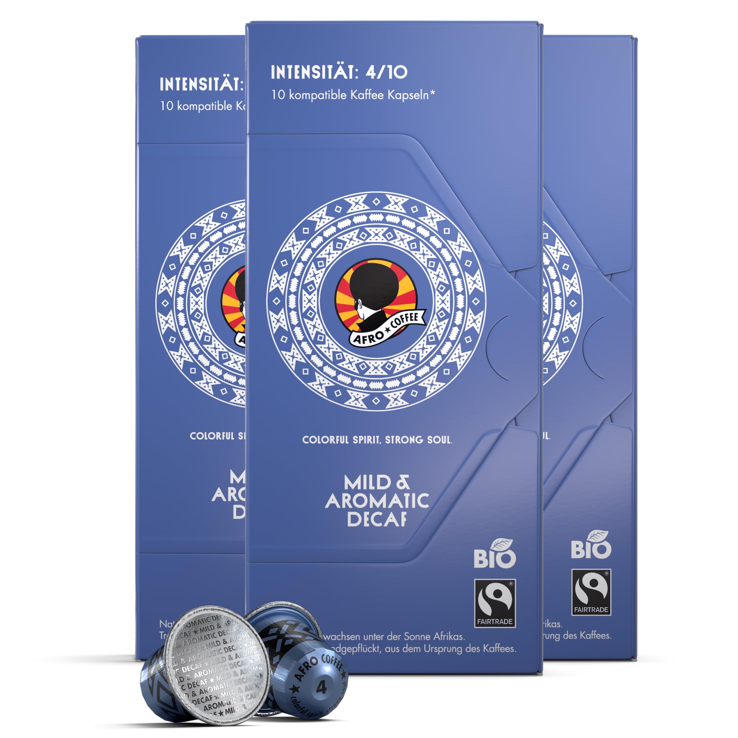 AFRO COFFEE Mild & Aromatic Decaf Bio I 3 Pack I 30 Premium Kaffee Kapseln Fairtrade I Arabica Bohnen entkoffeiniert I in kompatiblen Kaffeekapseln* I Ostafrika I mittel geröstet & säurearm
