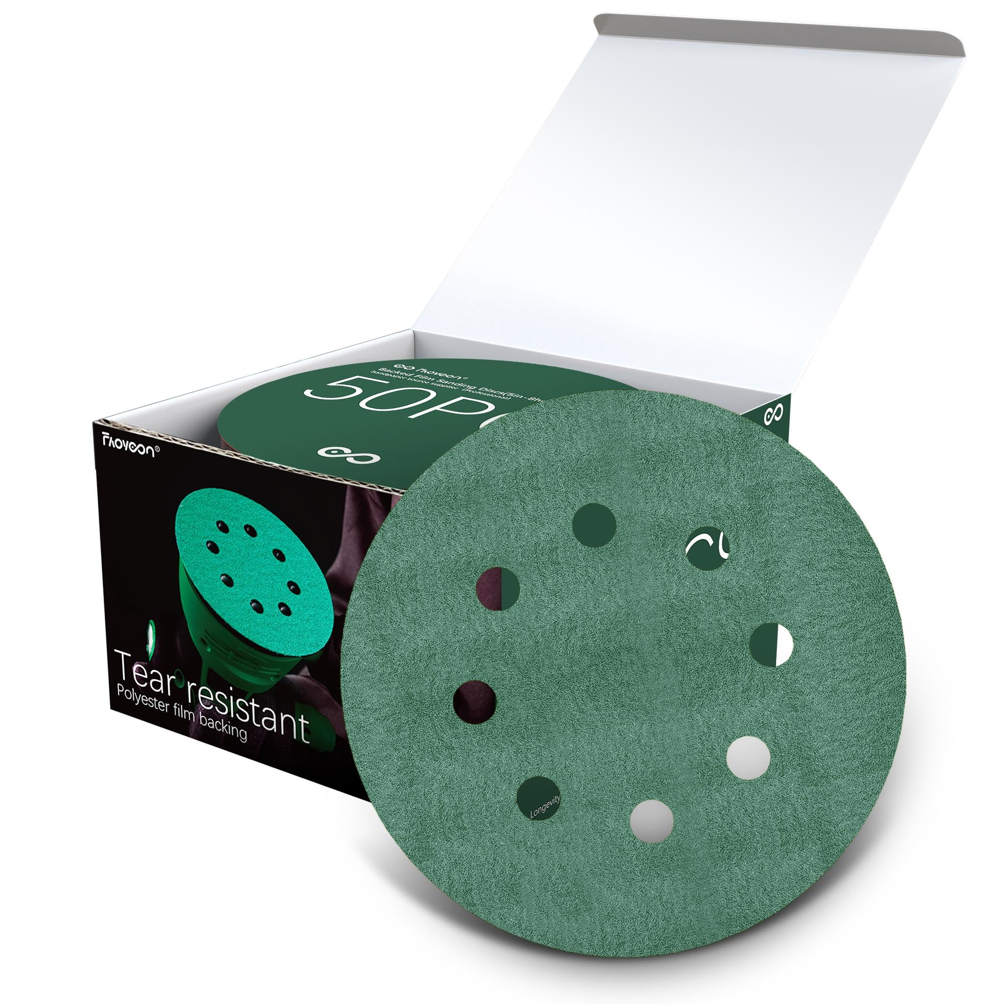 Disco de lijado de 5 pulgadas, 8 agujeros, almohadillas de lijadora orbital para carpintería, metal, automoción, discos de papel de lija de película verde, grano 220, paquete de 50