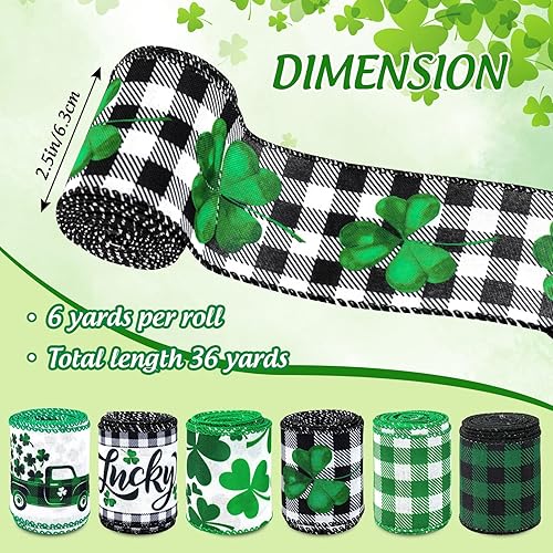 Miniatura 2 de AnyDesign 6 rollos de cinta de borde con alambre del día de San Patricio de 25 pulgadas verde negro blanco búfalo cinta de tela para envolver