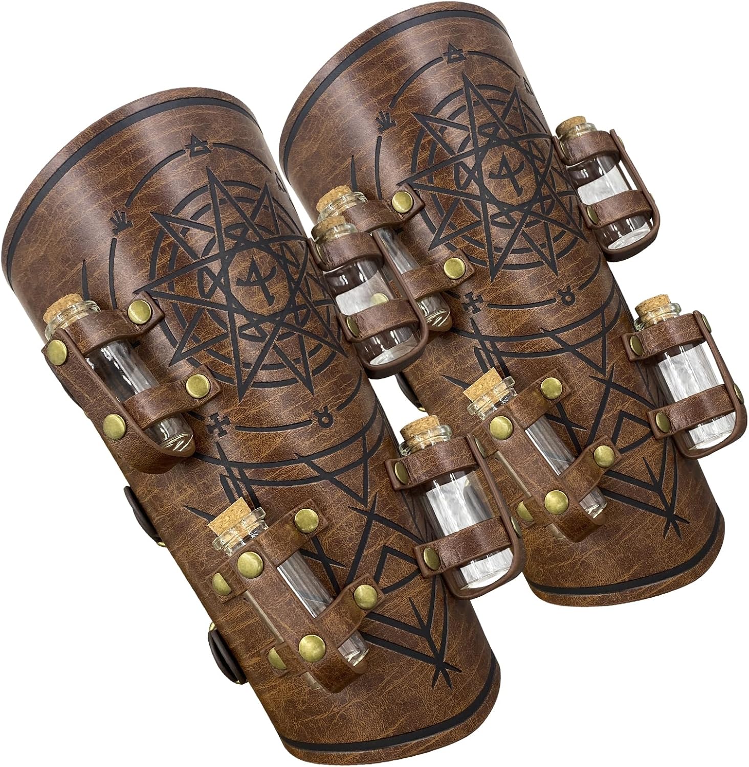 HiiFeuer Medieval Embossed Alchemy Bracers with 8 Cork Vials, Fantasy Faux Leather Buckle Arm Guards Magic Archer Gauntlets