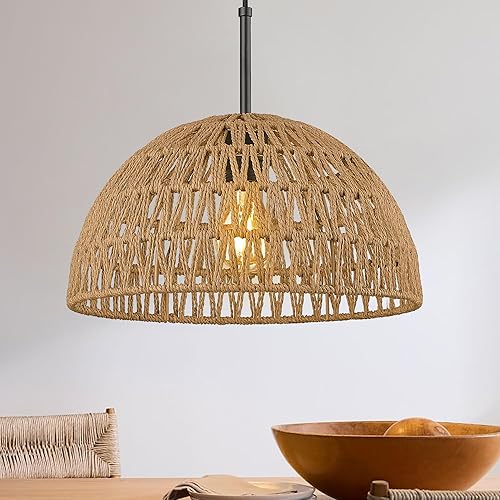 ELYONA Lámparas colgantes tejidas de 13 pulgadas, moderna lámpara colgante de cesta de ratán con cúpula, lámpara colgante de mimbre costero rústico