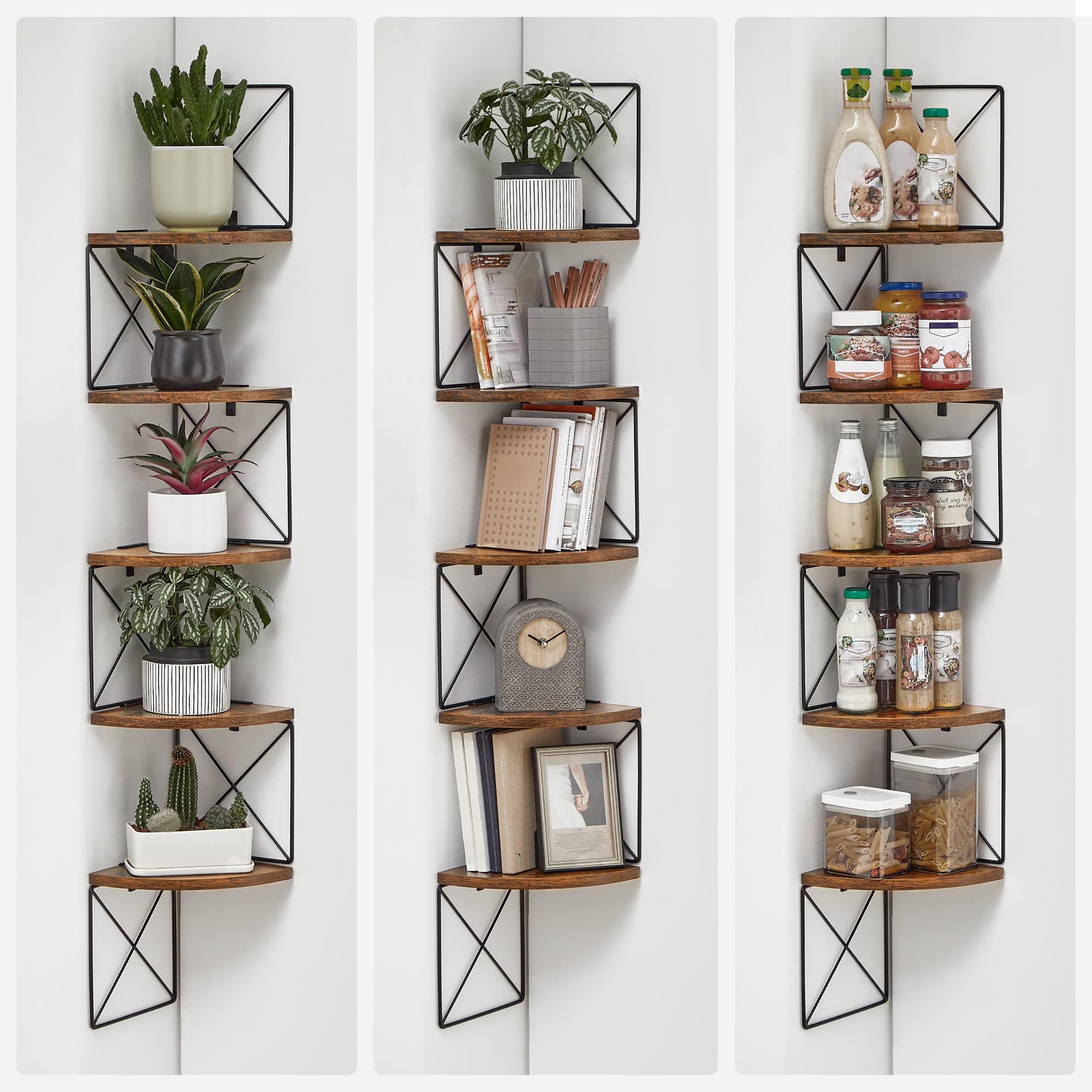 VASAGLE Libreria Angolare a Parete con 5 Ripiani, Mensola Angolare da Muro, Montaggio Facile, per Camera da Letto Soggiorno Bagno Cucina Studio, Marrone Vintage e Nero LLS851B01