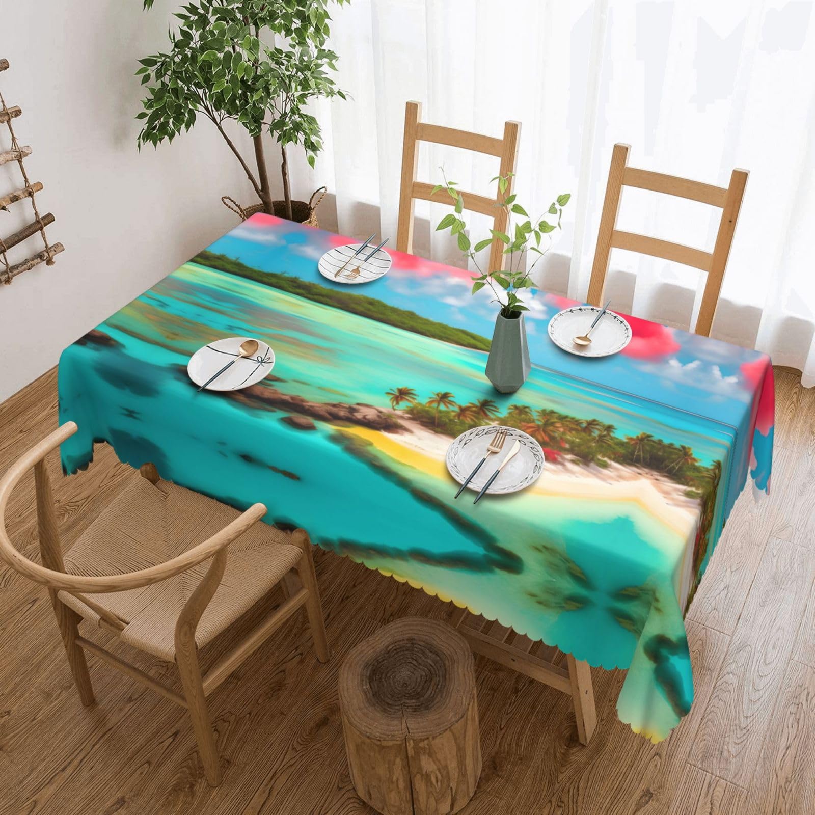 HLSBSSL Caribbean Scenery Patterned square lace tablecloth, wrinkle-resistant and durable, suitable for dining tables, parties, etc.