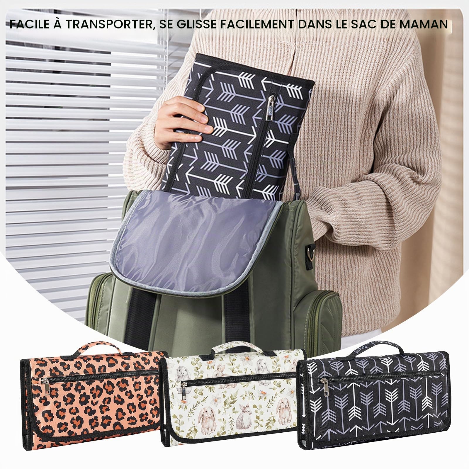 Matelas à langer portable, pour les déplacements, compact, sac à langer amovible, pour bébé en voyage, motif léopard