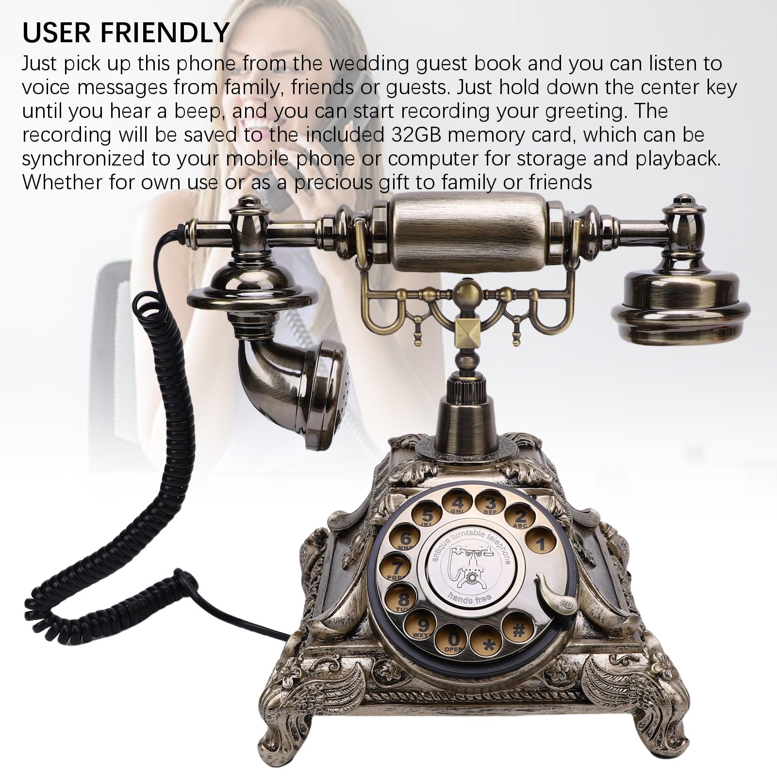 Audio -Book Guest Telefon, Retro i Praktyczne 32G pojemność Audio Guest Book Telefon, Spersonalizowany Nagrywanie Telefonu Retro, na Przyjęcie Weselne (Antyczny mosiądz kolor)