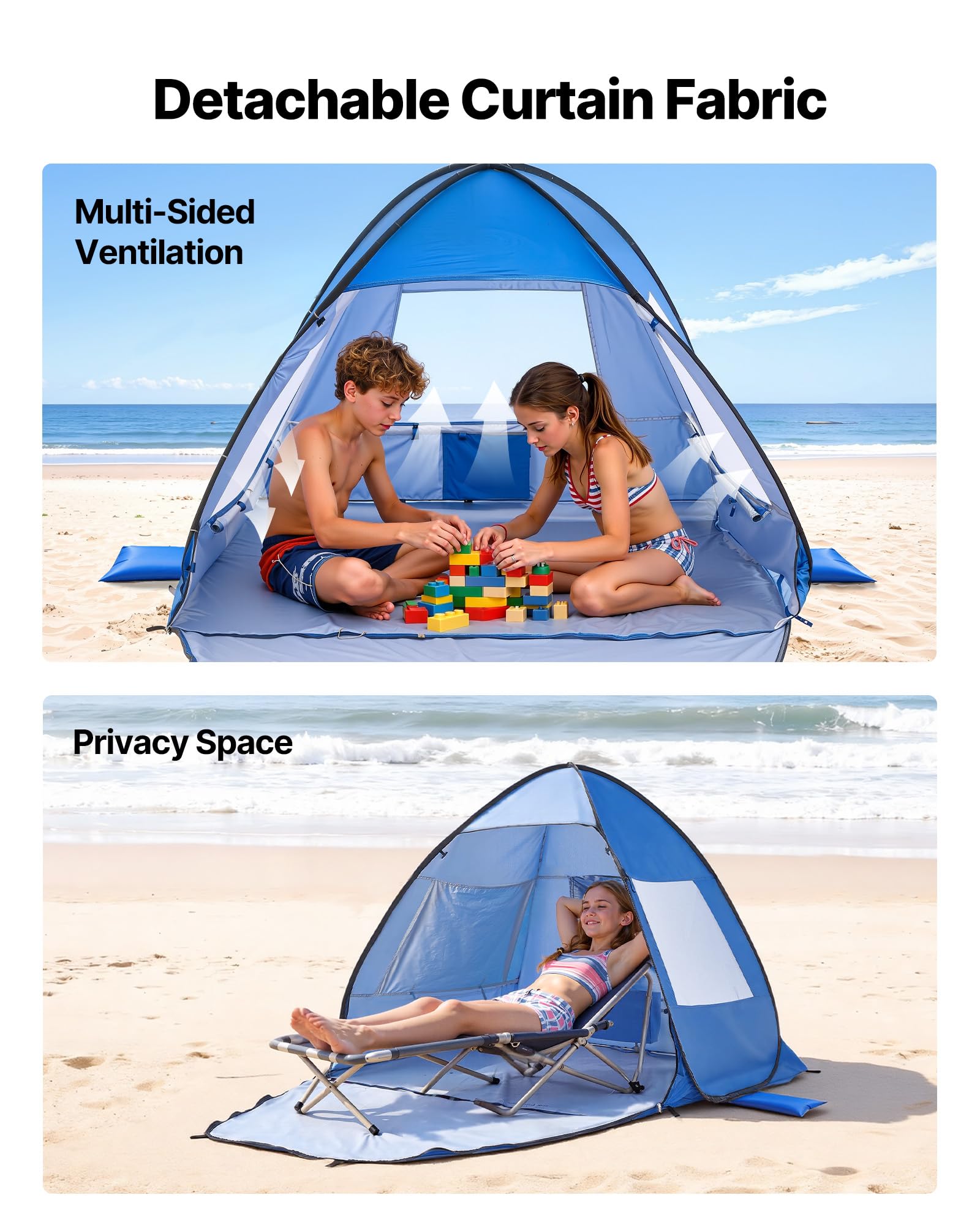 VEVOR Tenda da Spiaggia Parasole per Mare per 2 Persone, Portatile con Borsa per il Trasporto e Pali in Metallo, Ombrellone da Spiaggia Compatto per Campeggio, Pesca, Picnic, Tenda da Sole