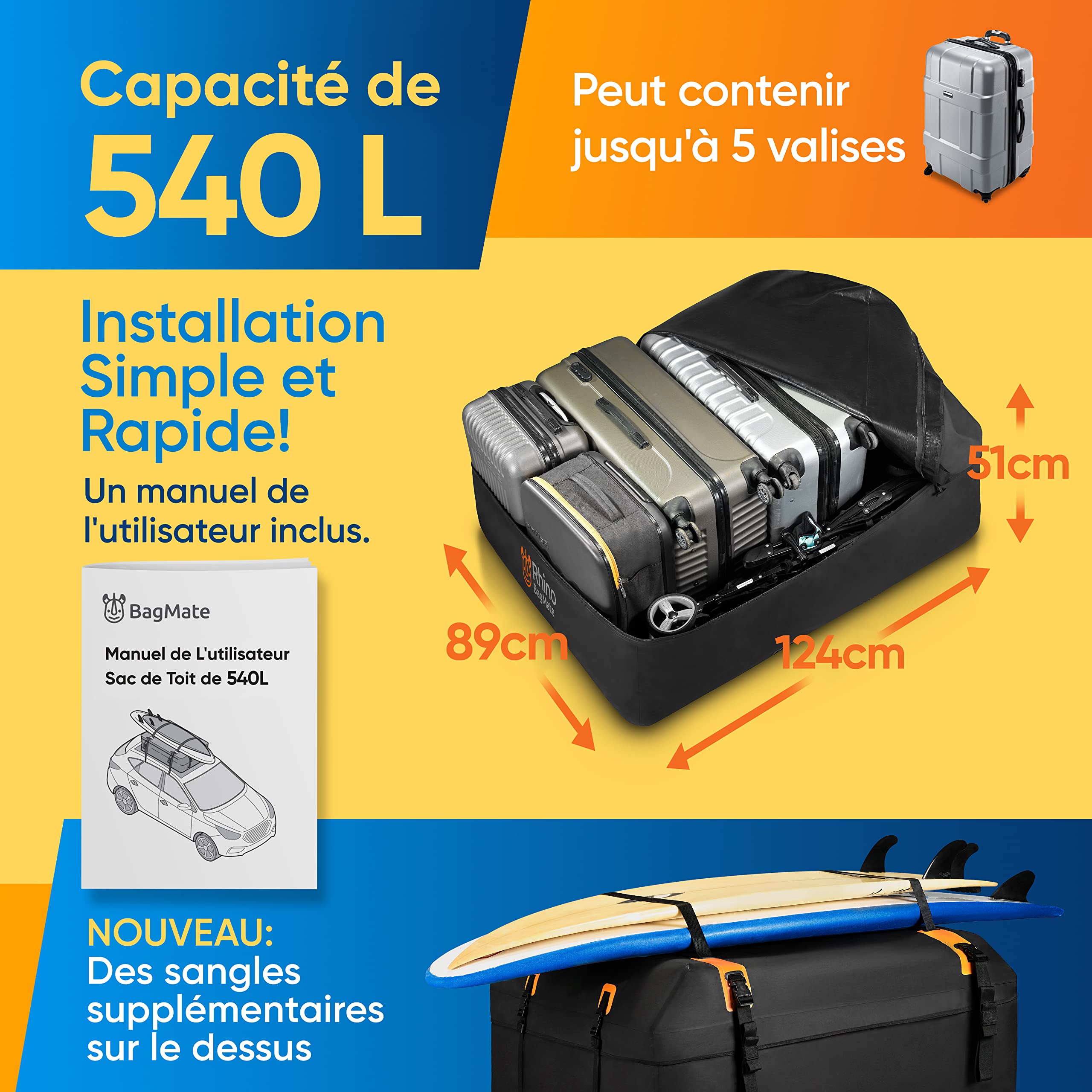 Sac de Toit Voiture 540L (19 CU.Ft) – Coffre Souple Haute Densité 100% Imperméable – Montage Rapide sans Barre de Toit – Tapis de Protection Inclus