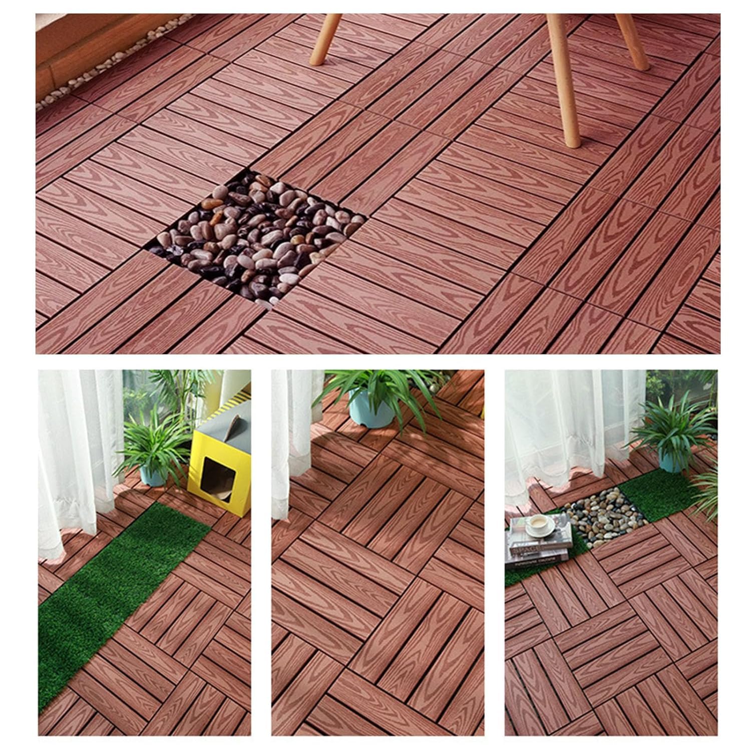 Dalles et lames de terrasse en composite, Tuiles de terrasse en bois composite emboîtables multicolores 11 pièces(Brick)