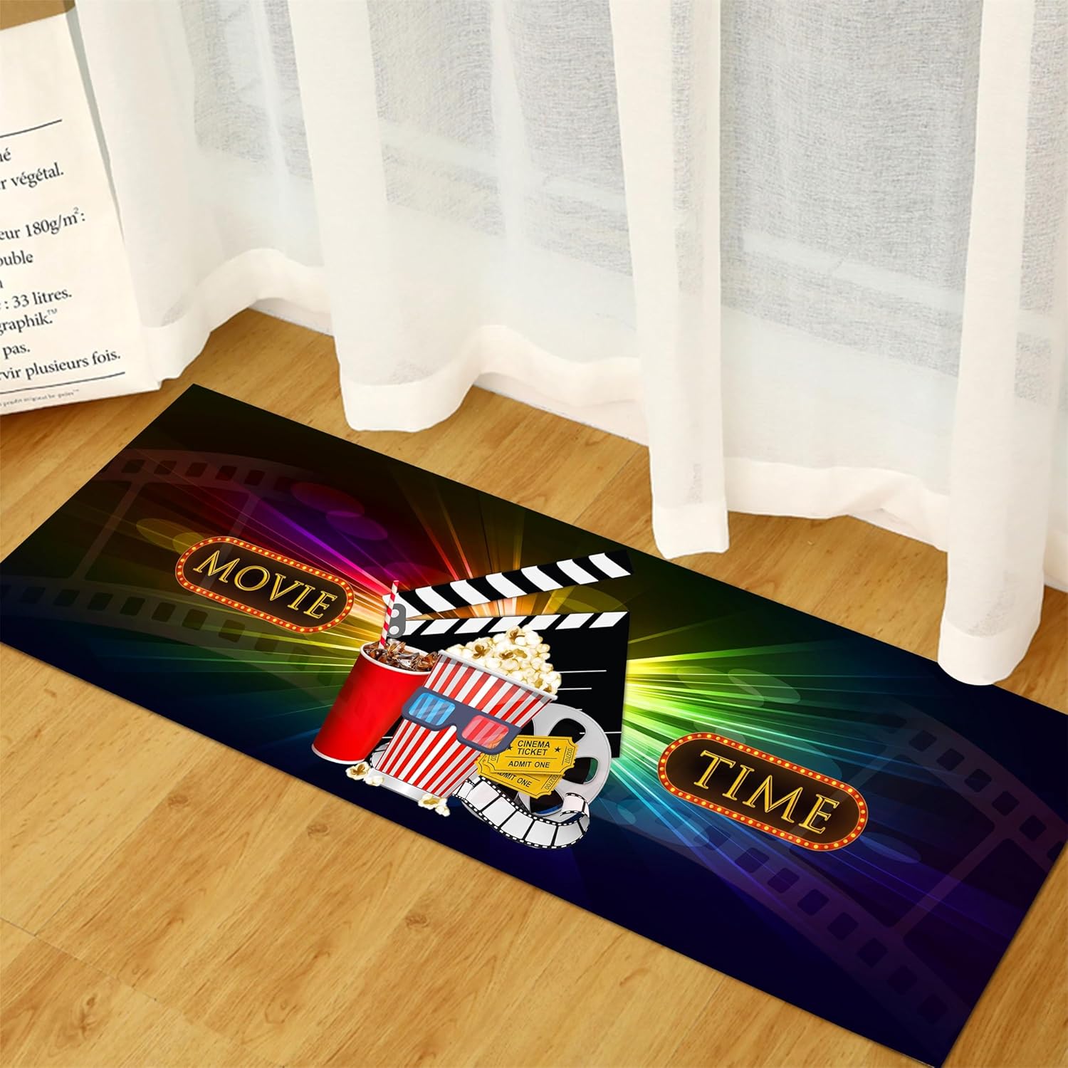 Movie Time Runner Rug, 2x7ft, Home Movies Theater Decor Carpet with Popcorn Drinks and Cinema Ticket, Foldable Non-Skid Black Long Rugs for Indoor Hallway Porch Bedroom Living Room…