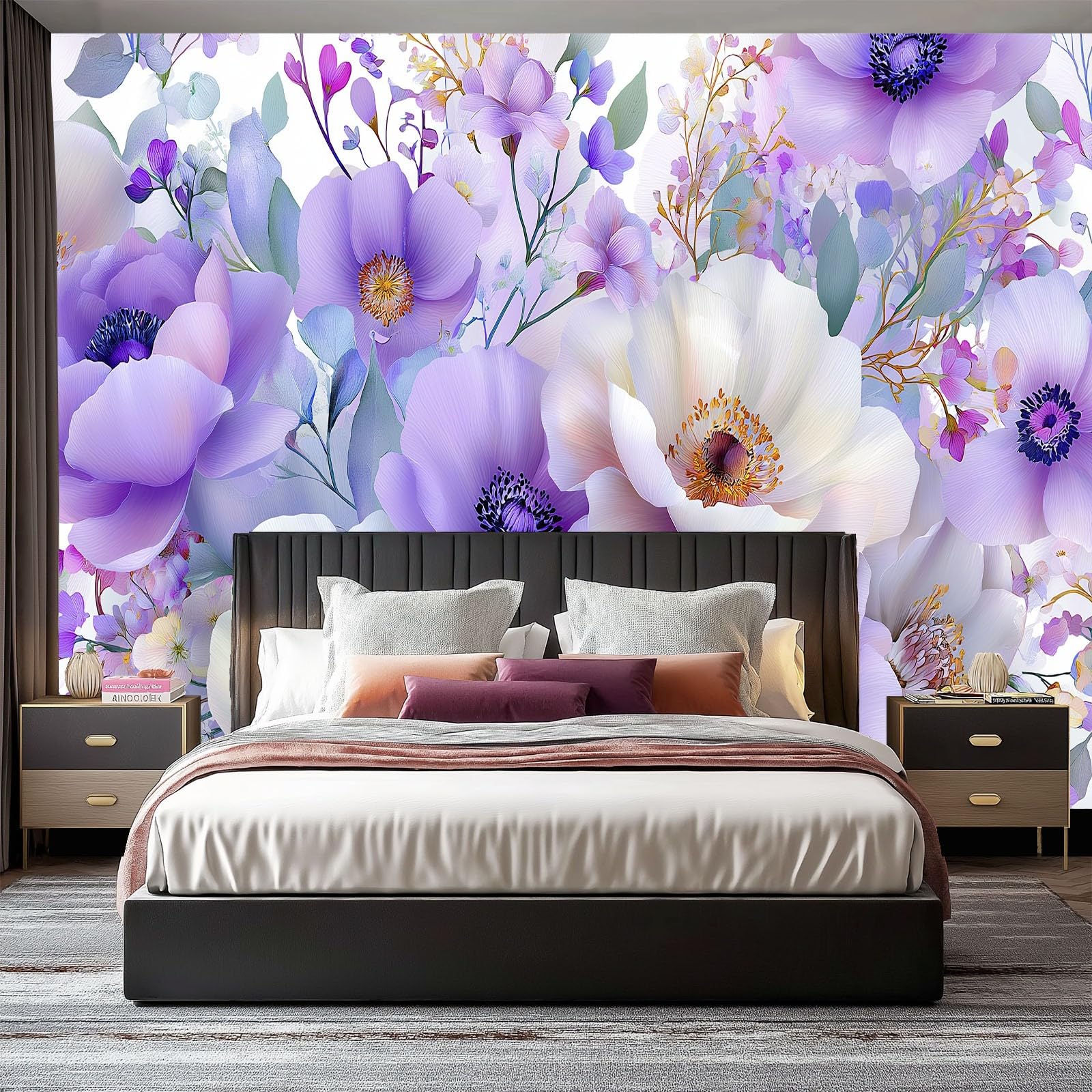 Générique Panoramiczna tapeta sztuka kwiaty piwonie stokrotki 3D 300 x 210 cm, włóknina XXL nowoczesna dekoracja ścienna salon sypialnia biuro pokój dziecięcy, biała