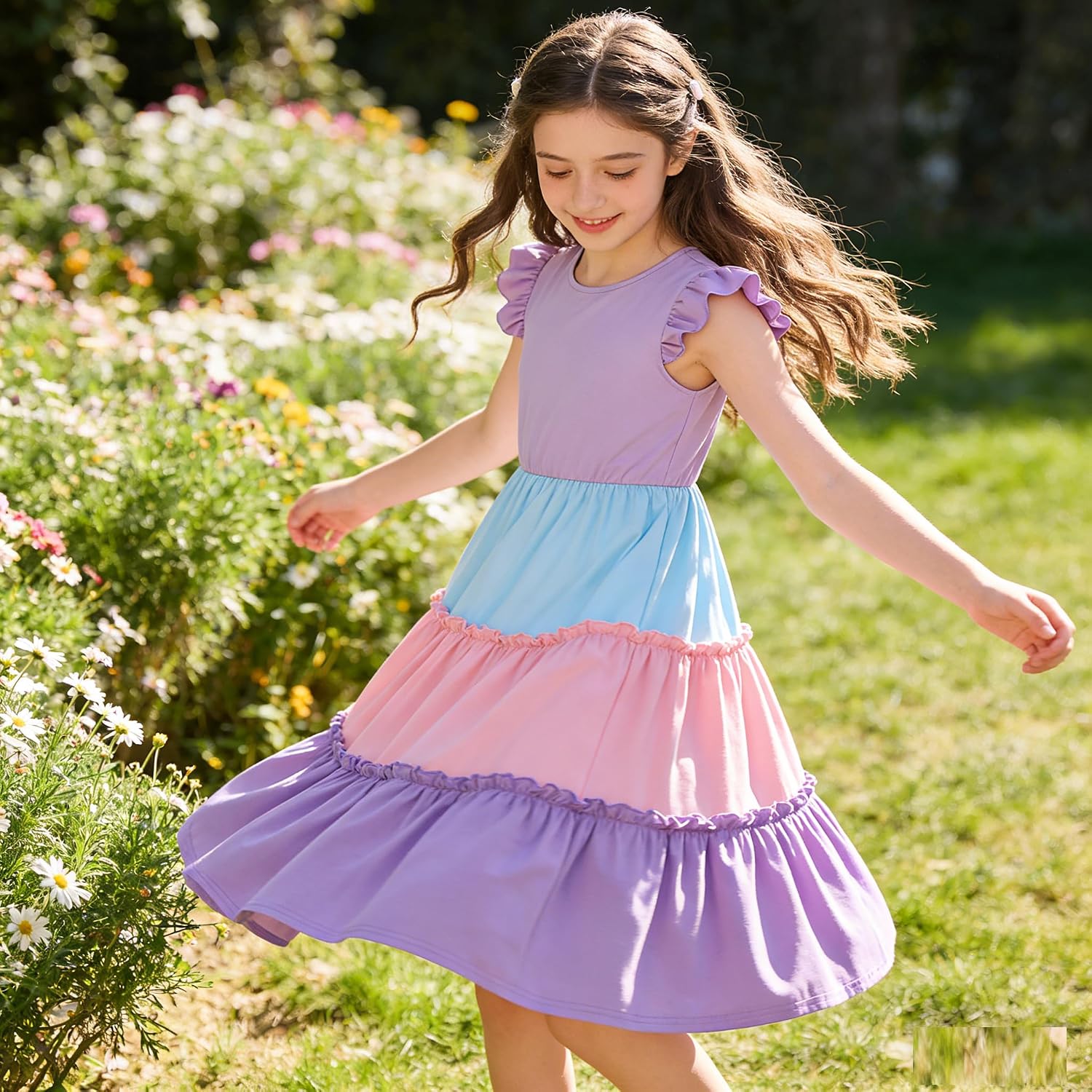 Girls Dress, Summer Clothes Flutter Sleeve, Elastic Waist, A-Line, Casual, for 7-14 Years Kids