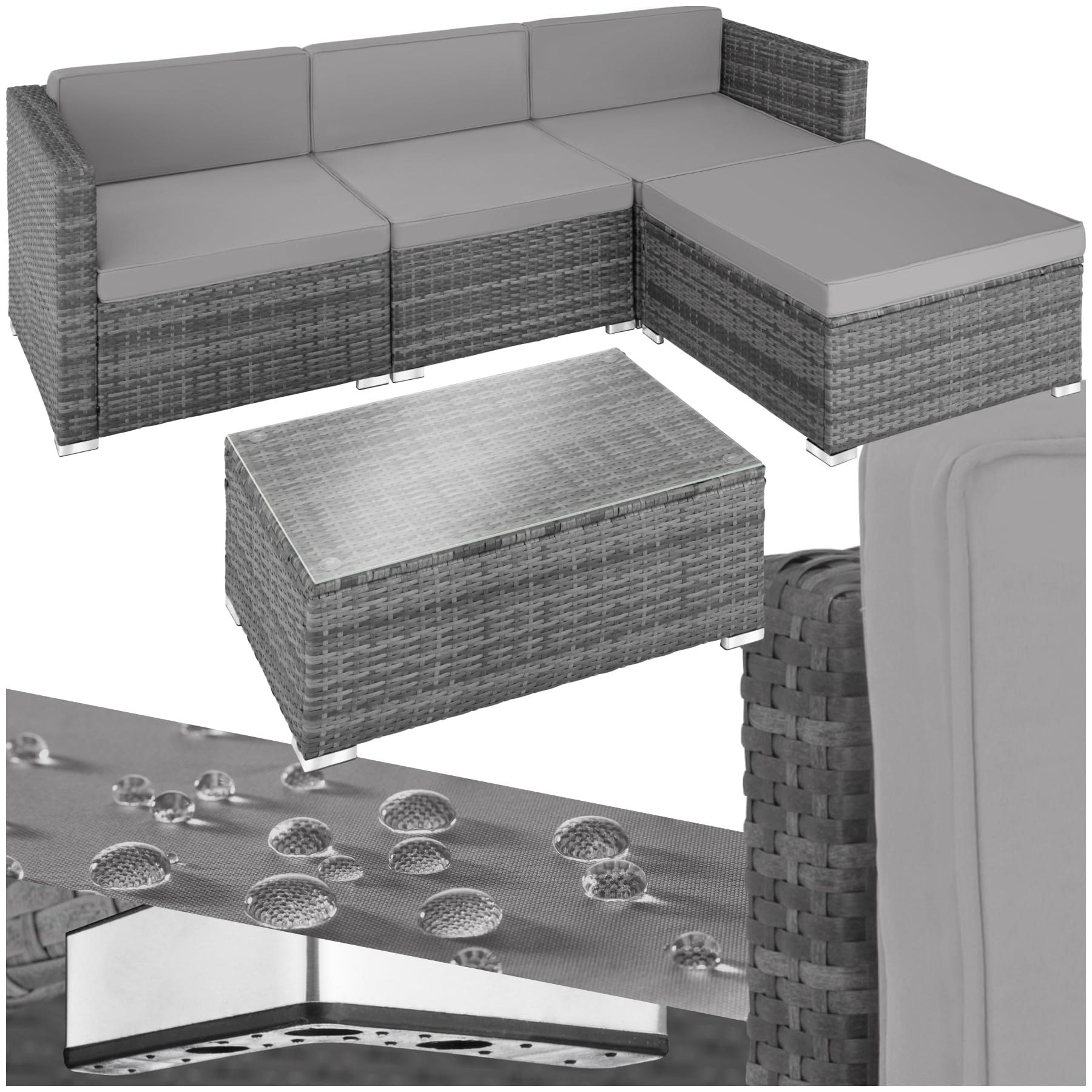 Salon De Jardin TecTake - 4 Fauteuils Pliants Inclinables + Table En Verre - Aluminium