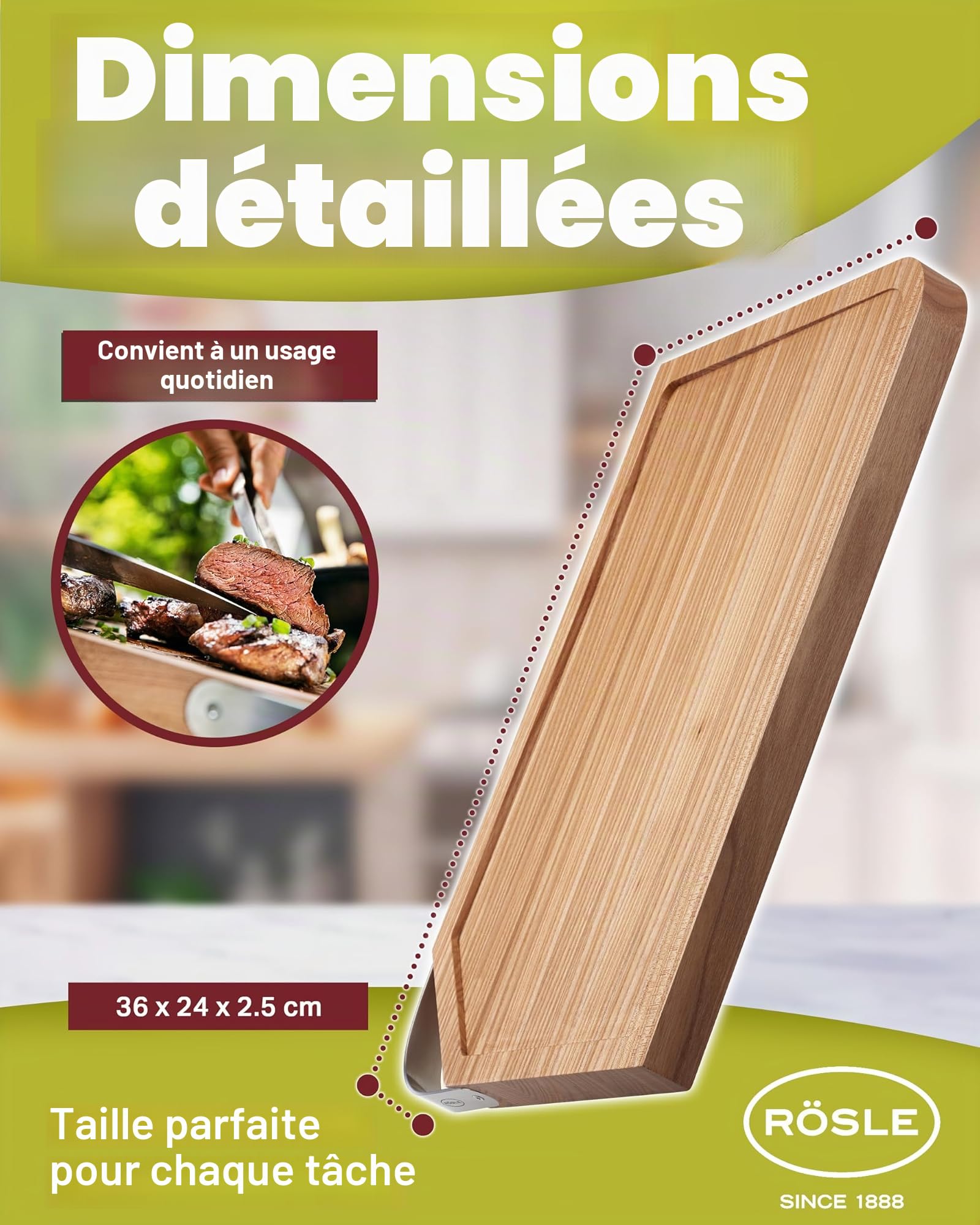 RÖSLE Planche à découper, support de découpe de haute qualité pour la cuisine pour une utilisation universelle, planche à servir, bois d'orme, acier inoxydable 18/10, 36 x 24 cm