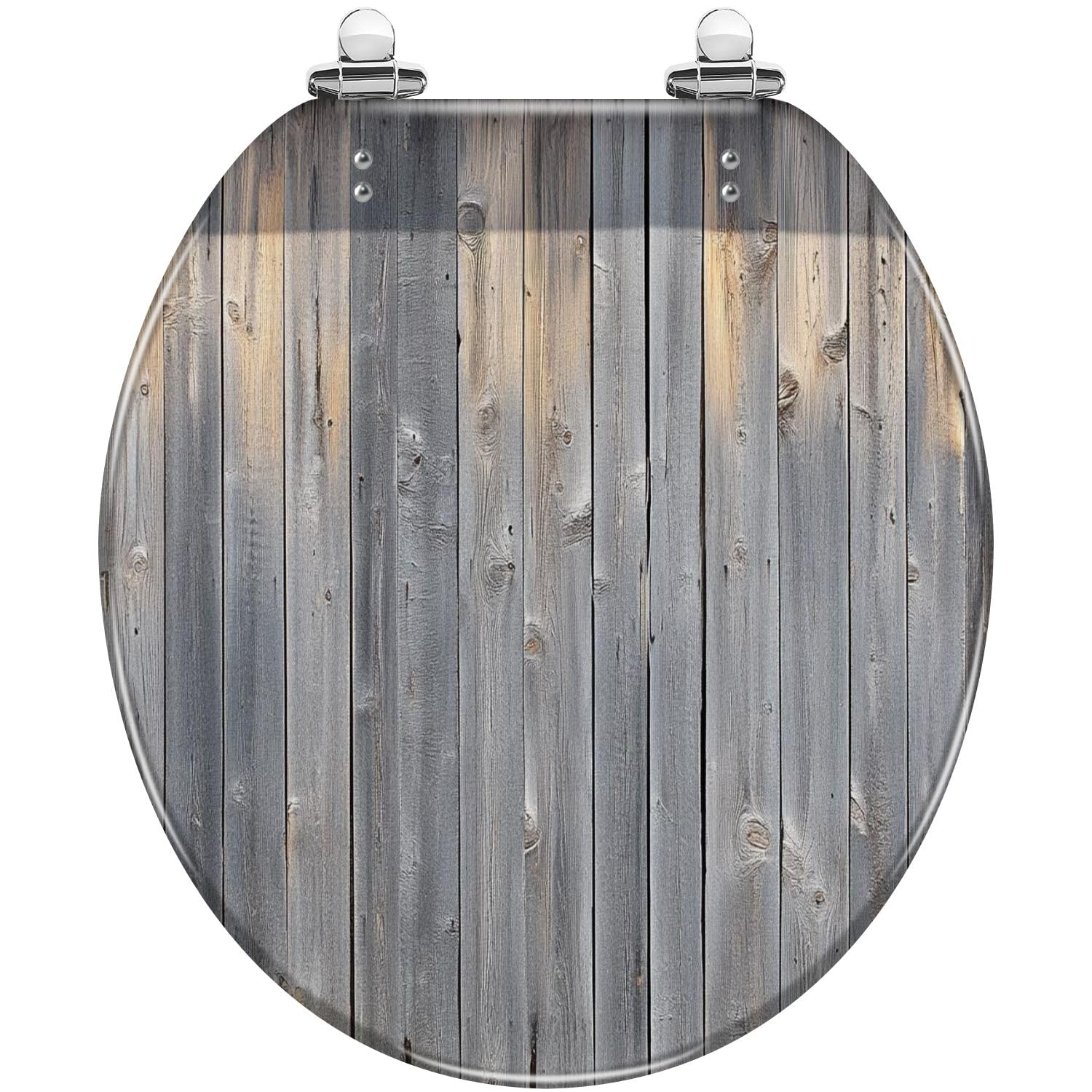 Sedile WC Rotondo In Resina, Effetto Parete Grigio Effetto Legno, Chiusura Ammortizzata, Cerniere A Sgancio Rapido, Decorativo con Copriwater, Facile Da Installare.
