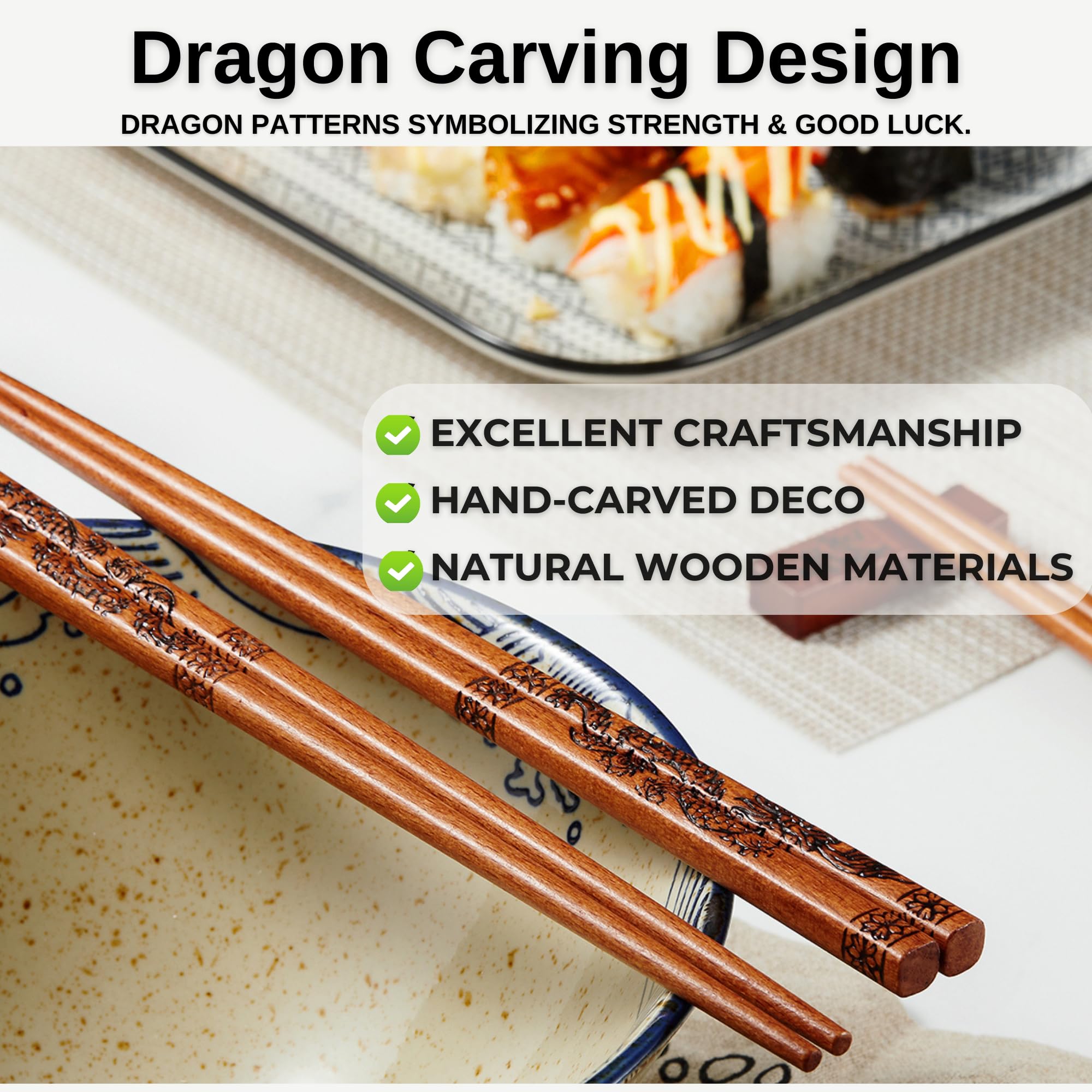 MUMSUNG Dragon Wooden Chopsticks Gift Set - 2 Pairs With Holders & Bags, 9" Reusable
