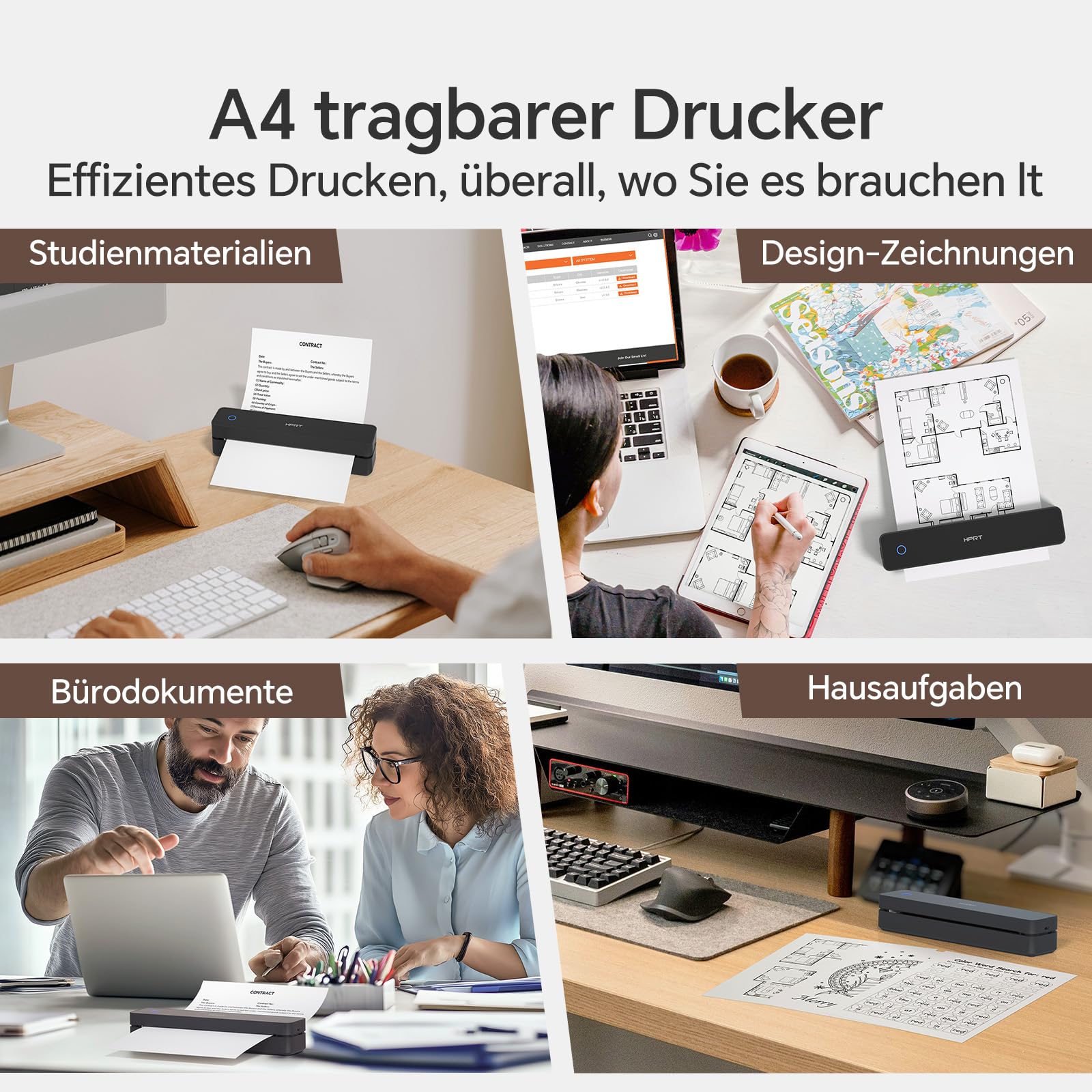 HPRT Impresora portátil inalámbrica para viajes, impresora térmica Bluetooth compatible con iOS, Android y ordenador portátil, soporte 8.5 x 11 US Carta y papel térmico A4, impresora móvil sin tinta