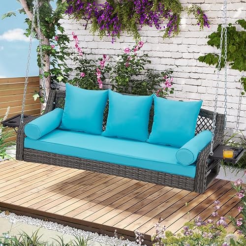 Miniatura 8 de Columpio colgante de mimbre para porche de 3 asientos, banco de columpio de patio de 60 pulgadas con bandejas de té y 3 cojines de respaldo, silla